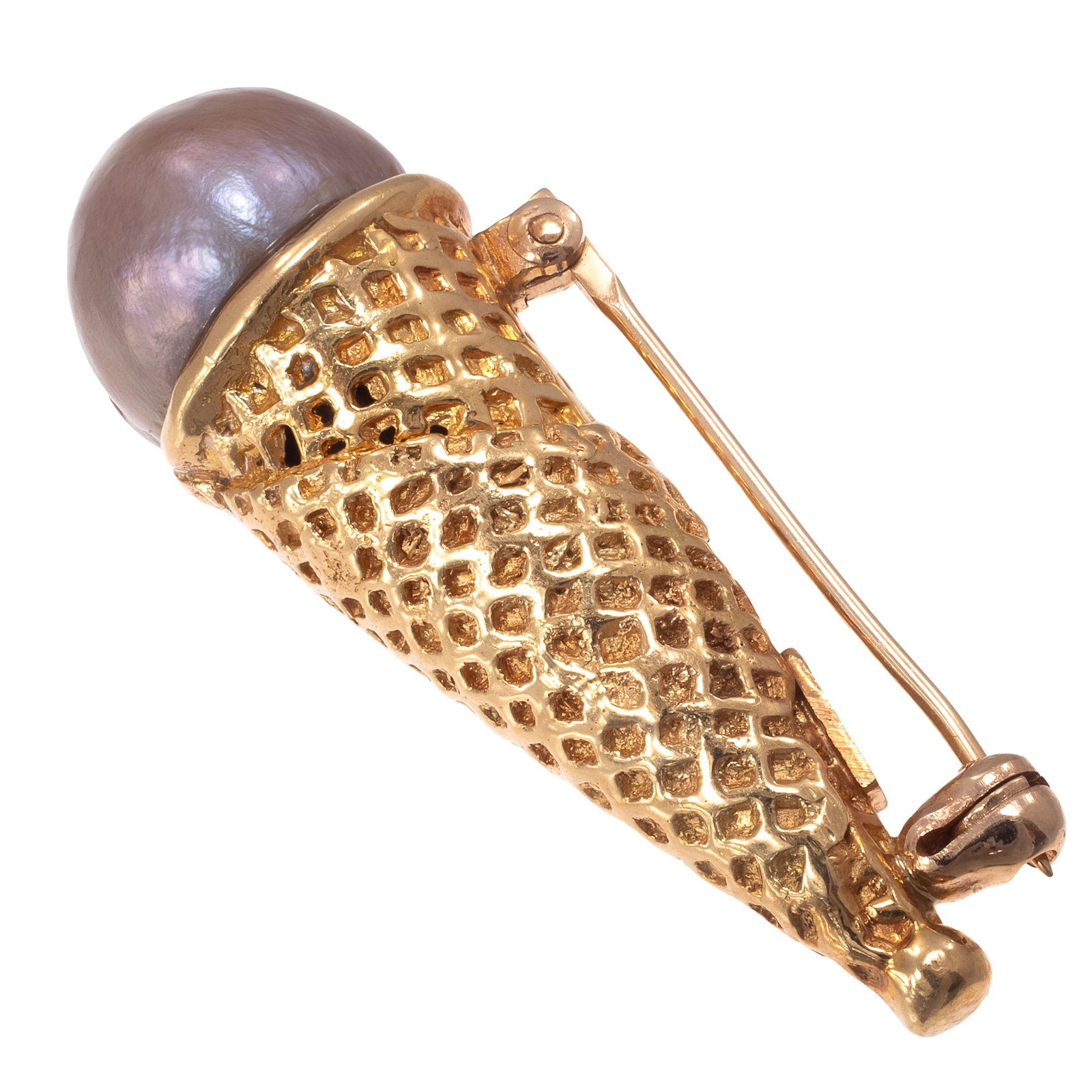 Cultured Pearl, 18k Yellow Gold 'Ice Cream Cone' Pin: Cultured Pearl, 18k Yellow Gold 'Ice Cream Cone' Pin Designed as a ice cream cone, featuring a baroque cultured pearl measuring approximately 12.5 x 11.4 mm, set in a textured, 18k yellow gold pin mou