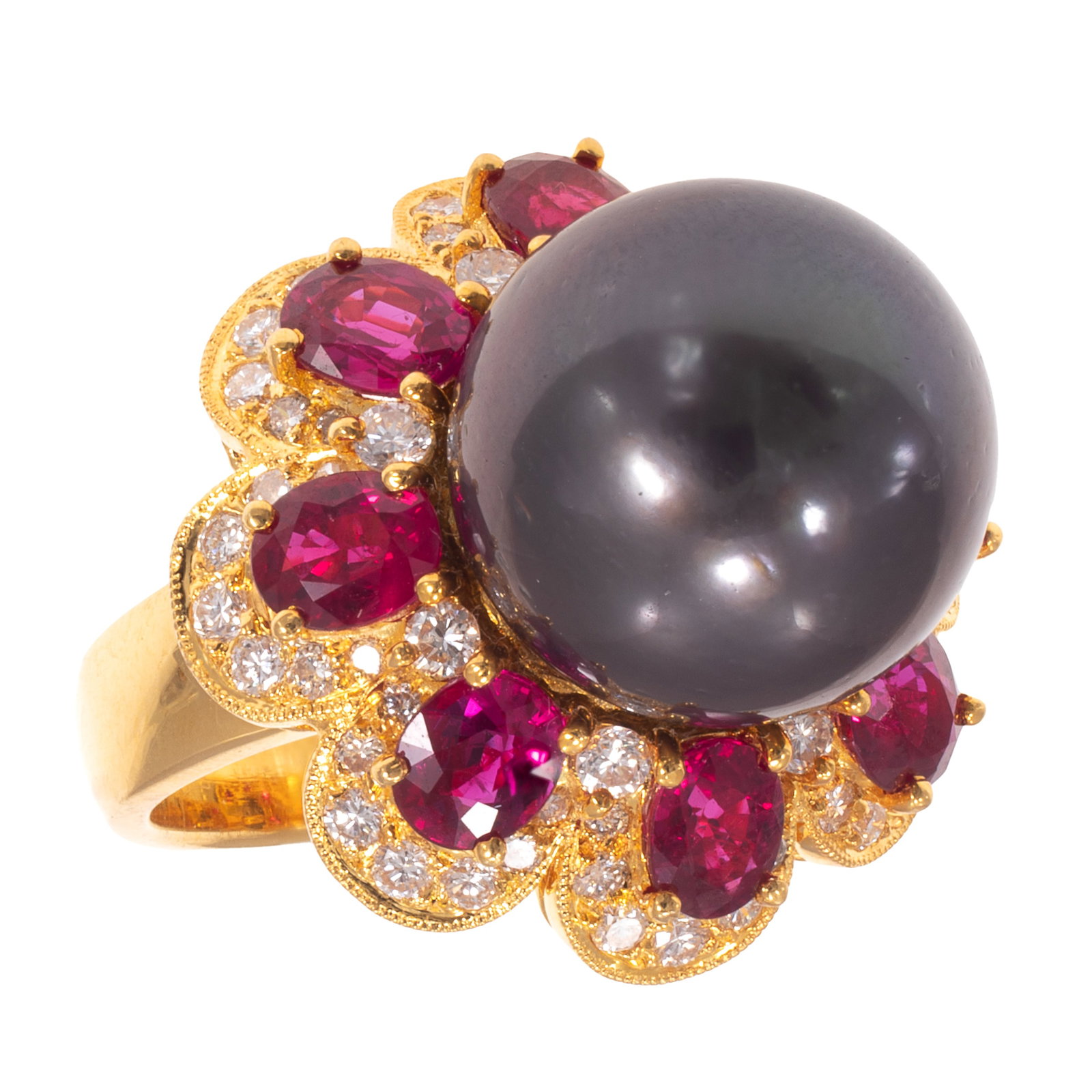 Tahitian Cultured Pearl, Diamond, Ruby, 18k Yellow Gold Ring: Tahitian Cultured Pearl, Diamond, Ruby, 18k Yellow Gold Ring Designed as a flower, centering one Tahitian cultured pearl measuring approximately 14.3 mm, framed by eight oval-cut rubies weighing a tot
