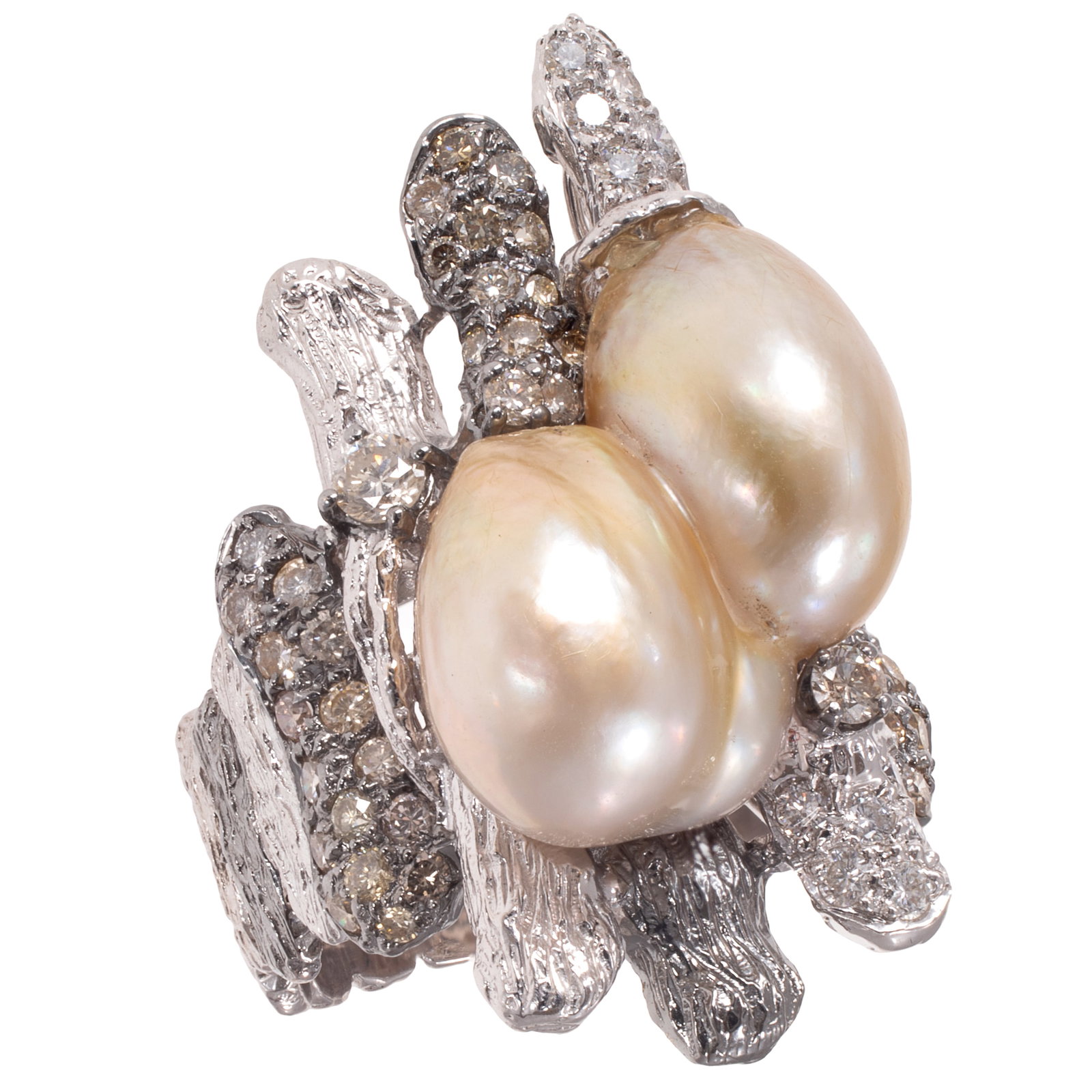 Modernist Cultured Pearl, Diamond, 18k White Gold Ring: Modernist Cultured Pearl, Diamond, 18k White Gold Ring Featuring a twinned baroque South Sea cultured pearl measuring approximately 13.17 mm and 13.83 mm in length x 15.30 mm in width, accented by six
