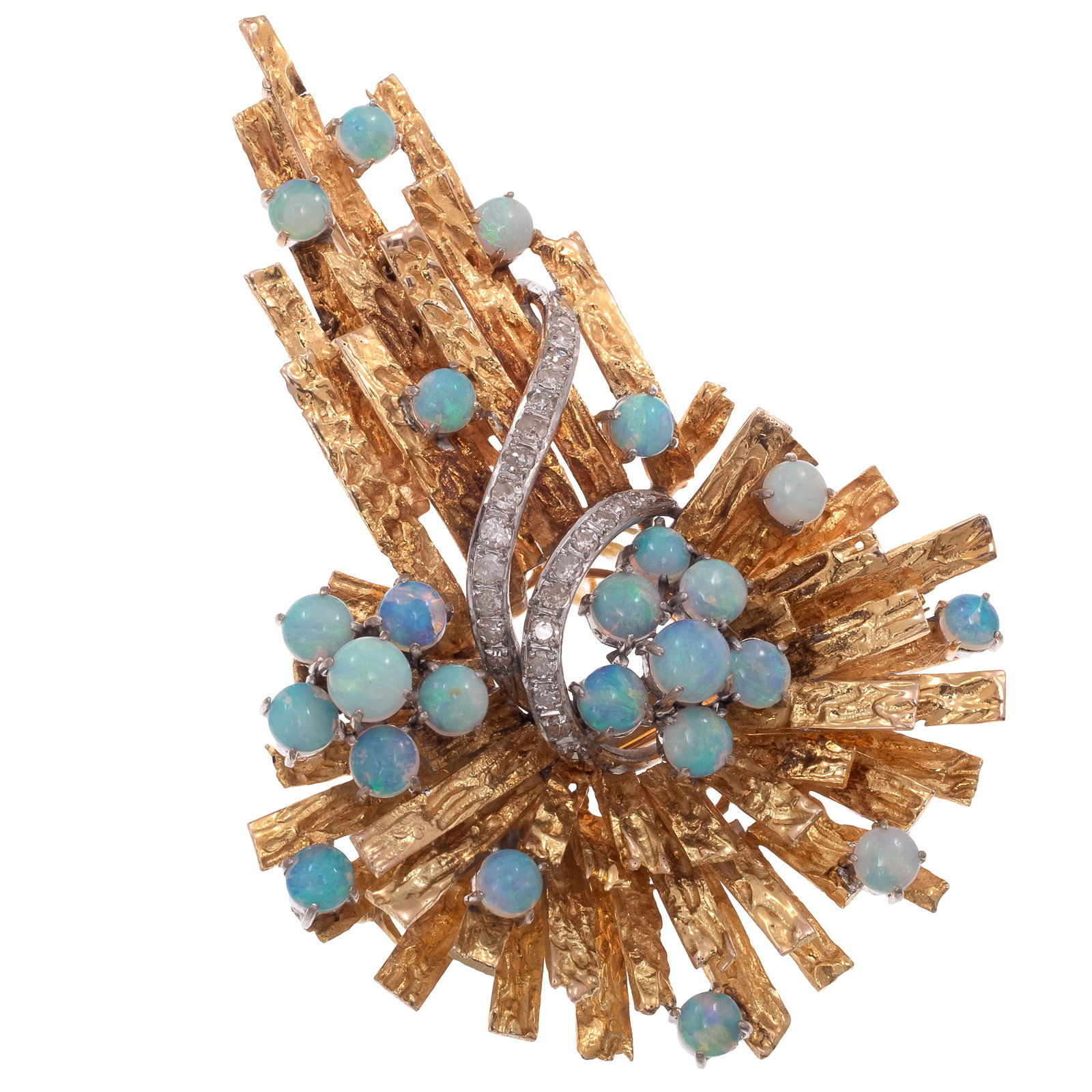 Modernist Opal, Diamond, 14k Yellow Gold Brooch: Modernist Opal, Diamond, 14k Yellow Gold Brooch Featuring twenty-four round opal cabochons, each measuring from approximately 4.0 to 3.0 mm, accented by twenty-four round-cut diamonds weighing a total