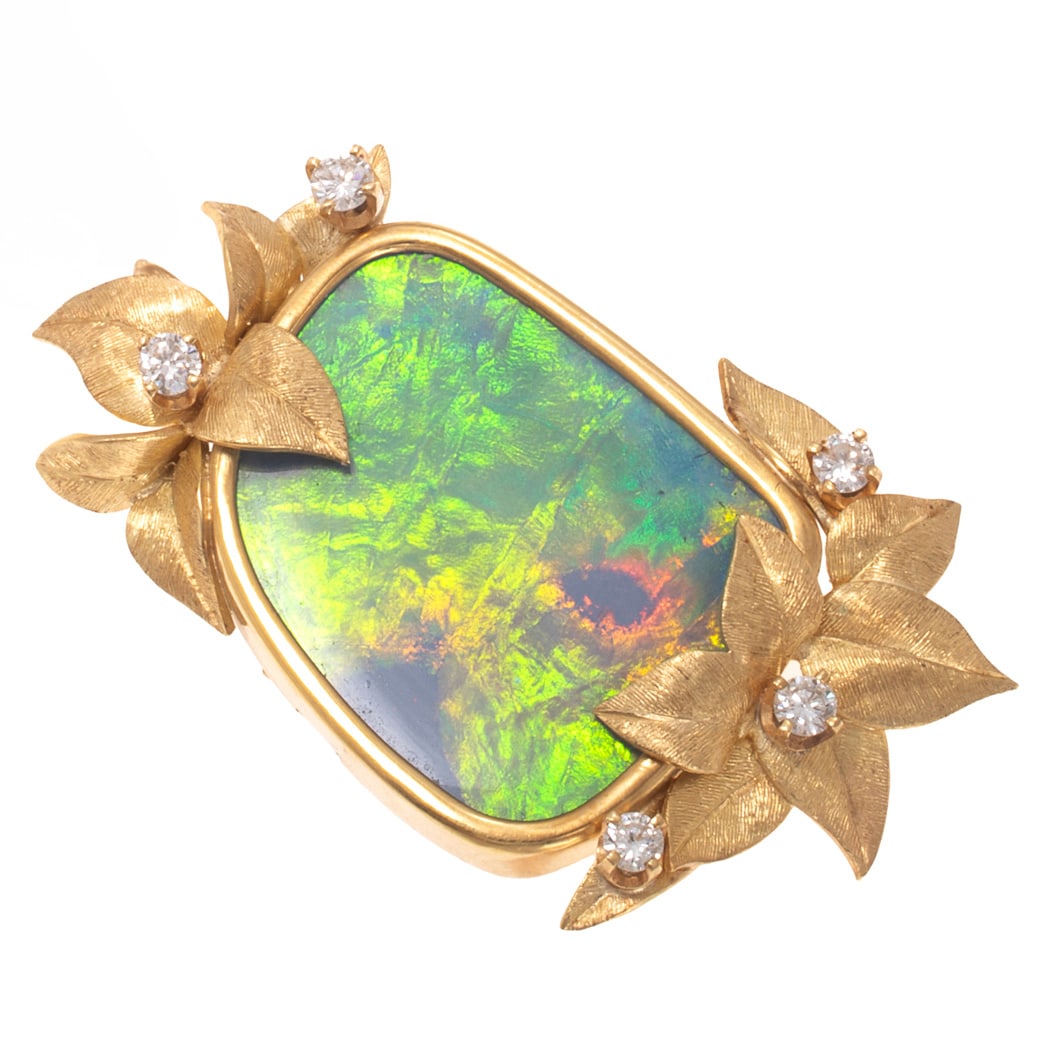Diamond, Opal Doublet, 18k Pin Pendant: Diamond, Opal Doublet, 18k Pin Pendant Featuring an abstract-shape opal doublet accented by five round brilliant-cut diamonds weighing a total of approximately 0.60 cttw., set in a floral motif, 18k y