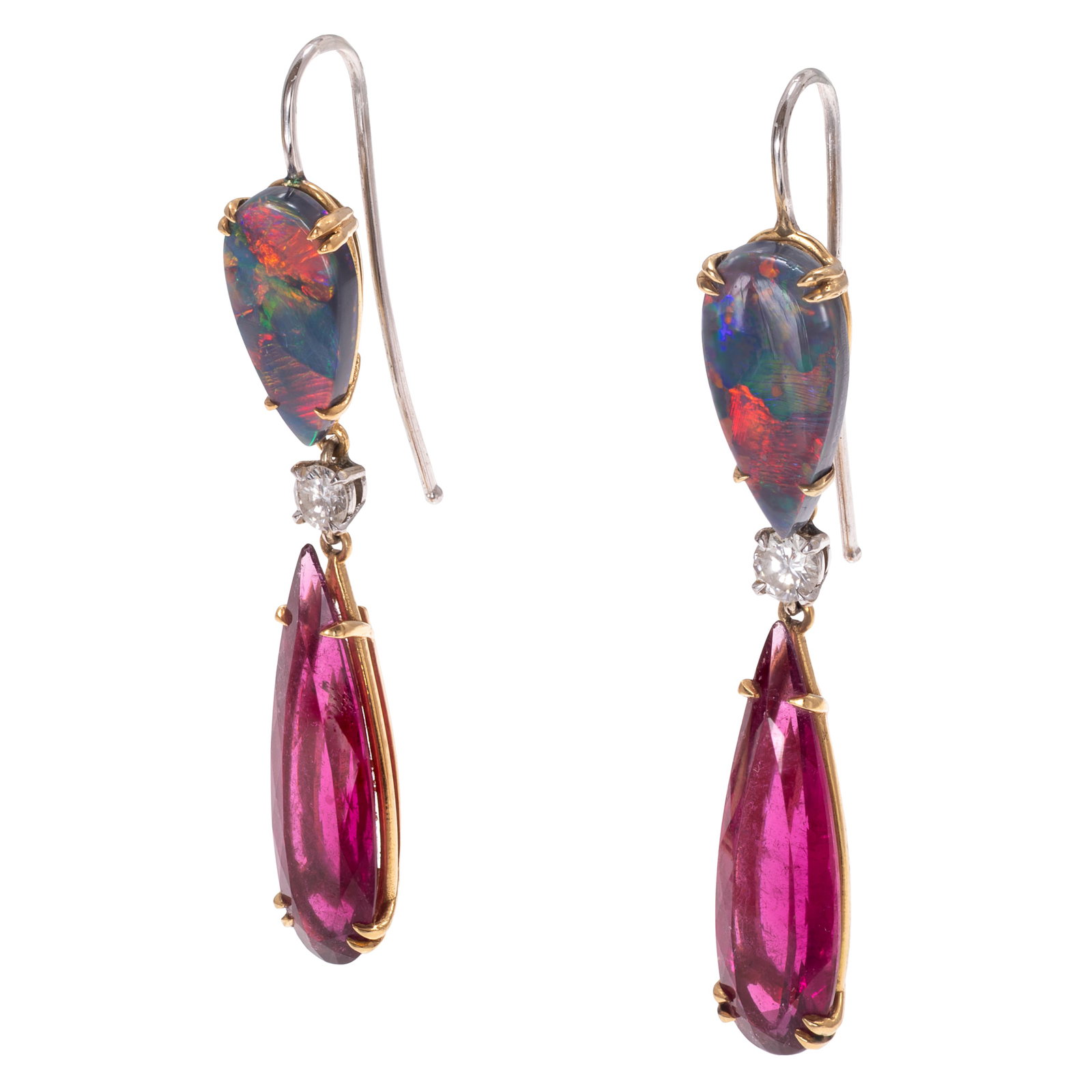 Pair of Opal, Diamond, Tourmaline, 18k, 14k Earrings: Pair of Opal, Diamond, Tourmaline, 18k, 14k Earrings Featuring a pear-shape opal cabochon suspending a pearl-shape rubellite tourmaline measuring approximately 27.0 x 8.0 mm., centered by one round br
