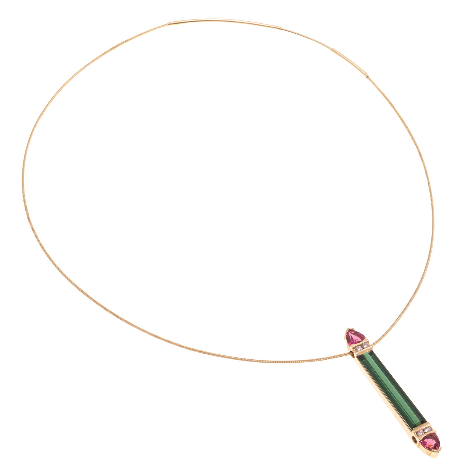 Tourmaline, Diamond, 14k Yellow Gold Necklace: Tourmaline, Diamond, 14k Yellow Gold Necklace Centering one rectangular step-cut chrome tourmaline measuring approximately 29.0 x 5.5 mm, flanked by two triangle-cut pink tourmalines weighing a total 