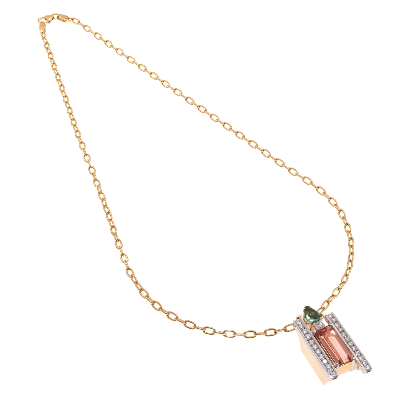 Diamond, Tourmaline, 14k, 18k Necklace: Diamond, Tourmaline, 14k, 18k Necklace Featuring one rectangular step-cut tourmaline measuring approximately 15.60 x 7.69 mm, topped by one triangle-cut tourmaline measuring approximately 6.52 x 6.52 