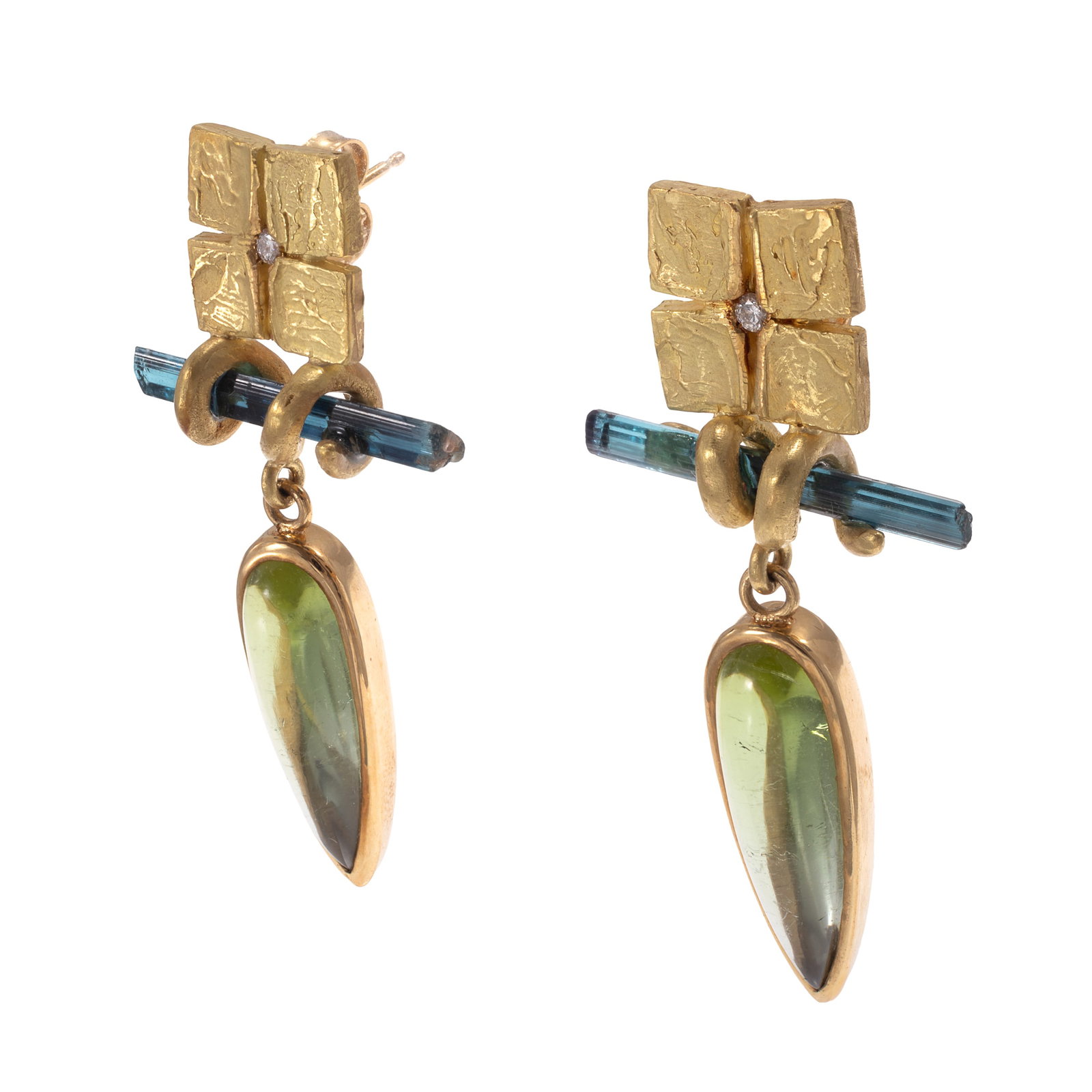 Pair of Tourmaline, Diamond, 18k Earrings: Pair of Tourmaline, Diamond, 18k Earrings Each centering a rough cut tourmaline suspending an articulated, pear-shape tourmaline cabochon, and topped by a square, textured, 18k yellow gold post-style 