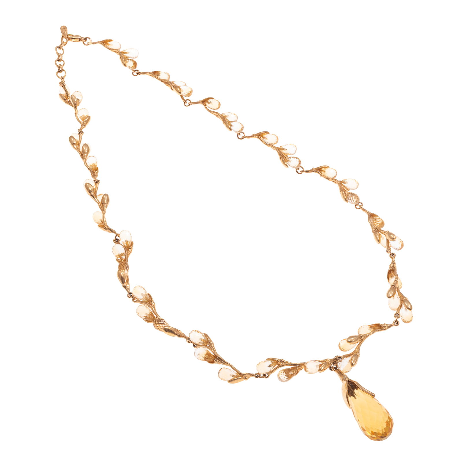 Citrine, 14k Yellow Gold Necklace: Citrine, 14k Yellow Gold Necklace Featuring one briolette-cut citrine measuring approximately 20.5 x 10.0 mm, suspended from articulated, 14k yellow gold links designed as trailing leaves, each link