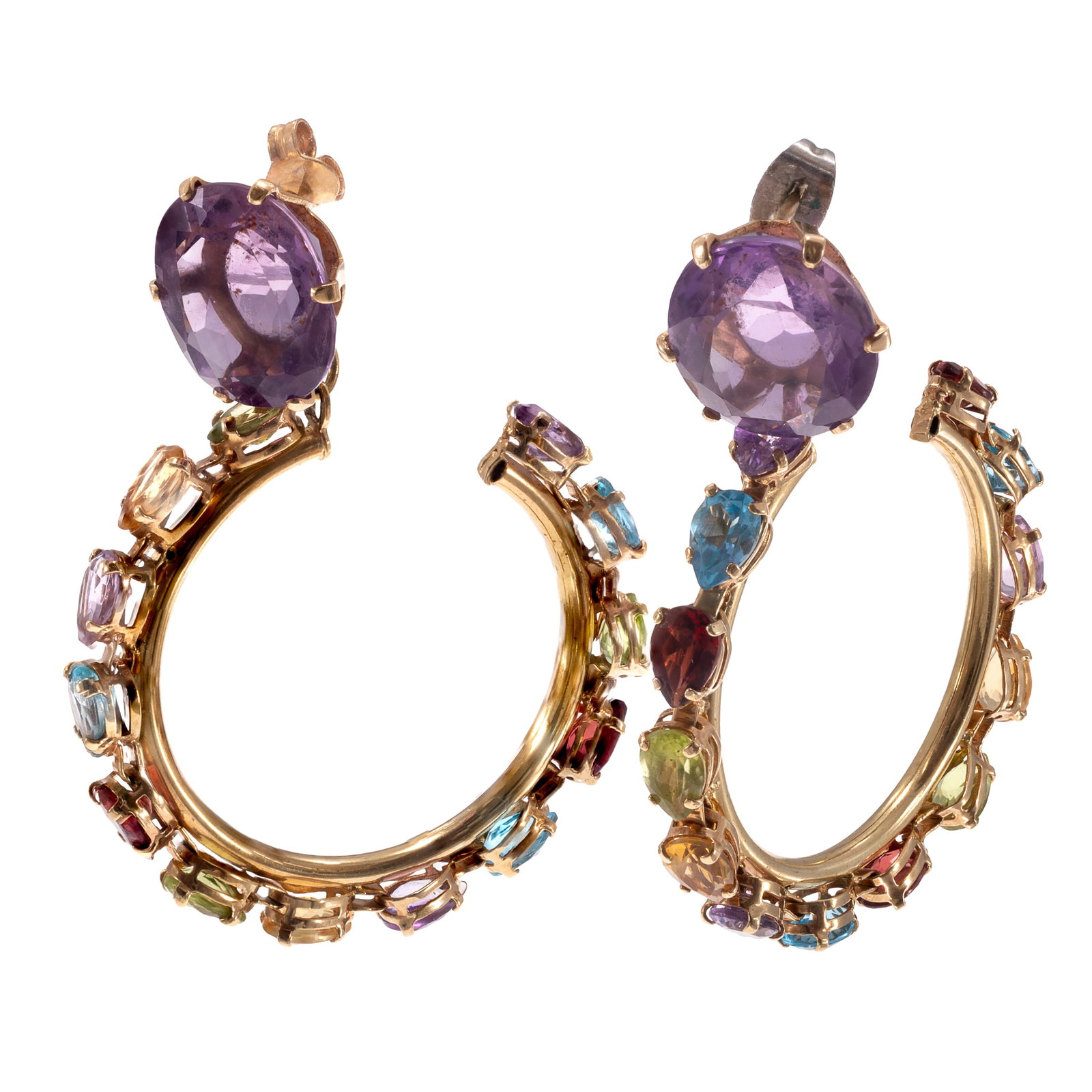 Pair of Multi-Stone, 14k Yellow Gold Earrings: Pair of Multi-Stone, 14k Yellow Gold Earrings Each featuring thirteen oval-cut stones, including amethyst, peridot, citrine, garnet and blue topaz, suspended by an oval-cut amethyst weighing