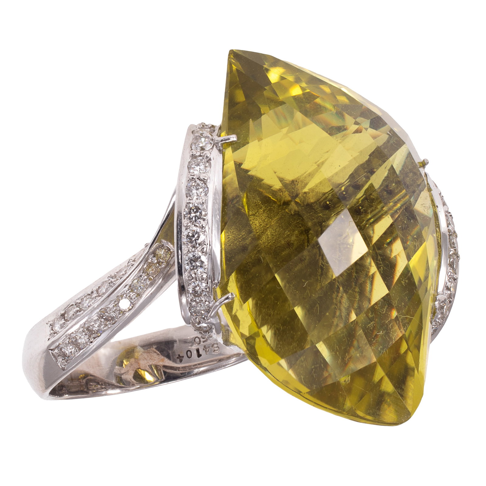 Quartz, Diamond, 18k White Gold Ring: Quartz, Diamond, 18k White Gold Ring Featuring one fancy cut quartz measuring approximately 26.0 x 18.0 x 16 .2 mm, accented by round brilliant-cut diamonds weighing a total of approximately 0.97