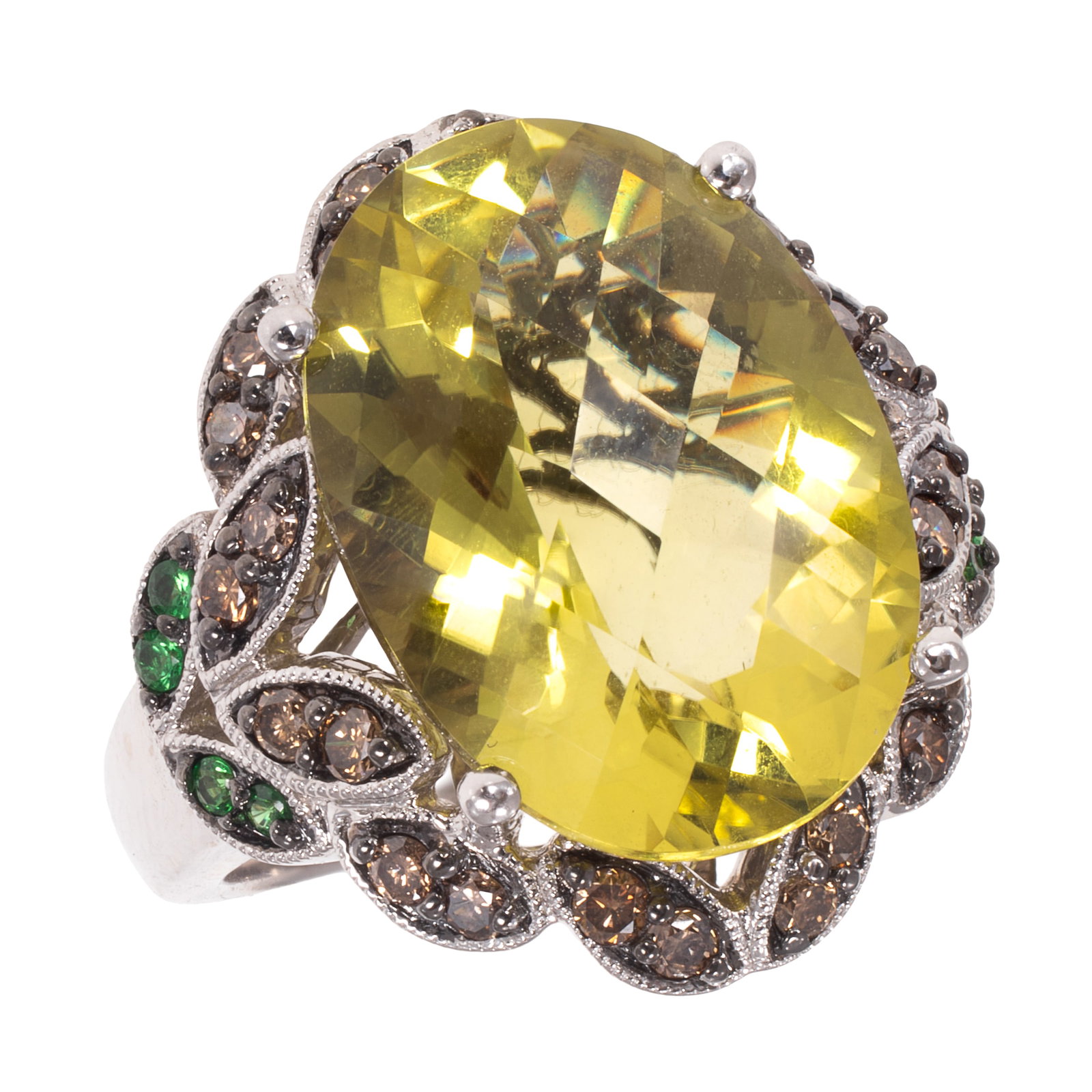 Quartz, Diamond, Tsavorite Garnet, 14k White Gold Ring, Le Vian: Quartz, Diamond, Tsavorite Garnet, 14k White Gold Ring, Le Vian Centering one oval checkerboard-cut quartz measuring approximately 18.0 x 13.0 mm, accented by twenty-four colored diamonds weighing a
