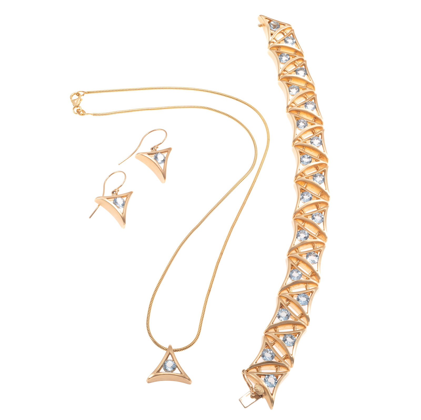 Aquamarine, 14k Yellow Gold Jewelry Suite: Aquamarine, 14k Yellow Gold Jewelry Suite The matching suite, including a bracelet featuring twenty round-cut aquamarines weighing a total of approximately 7.00 cttw., set in an articulated 14k
