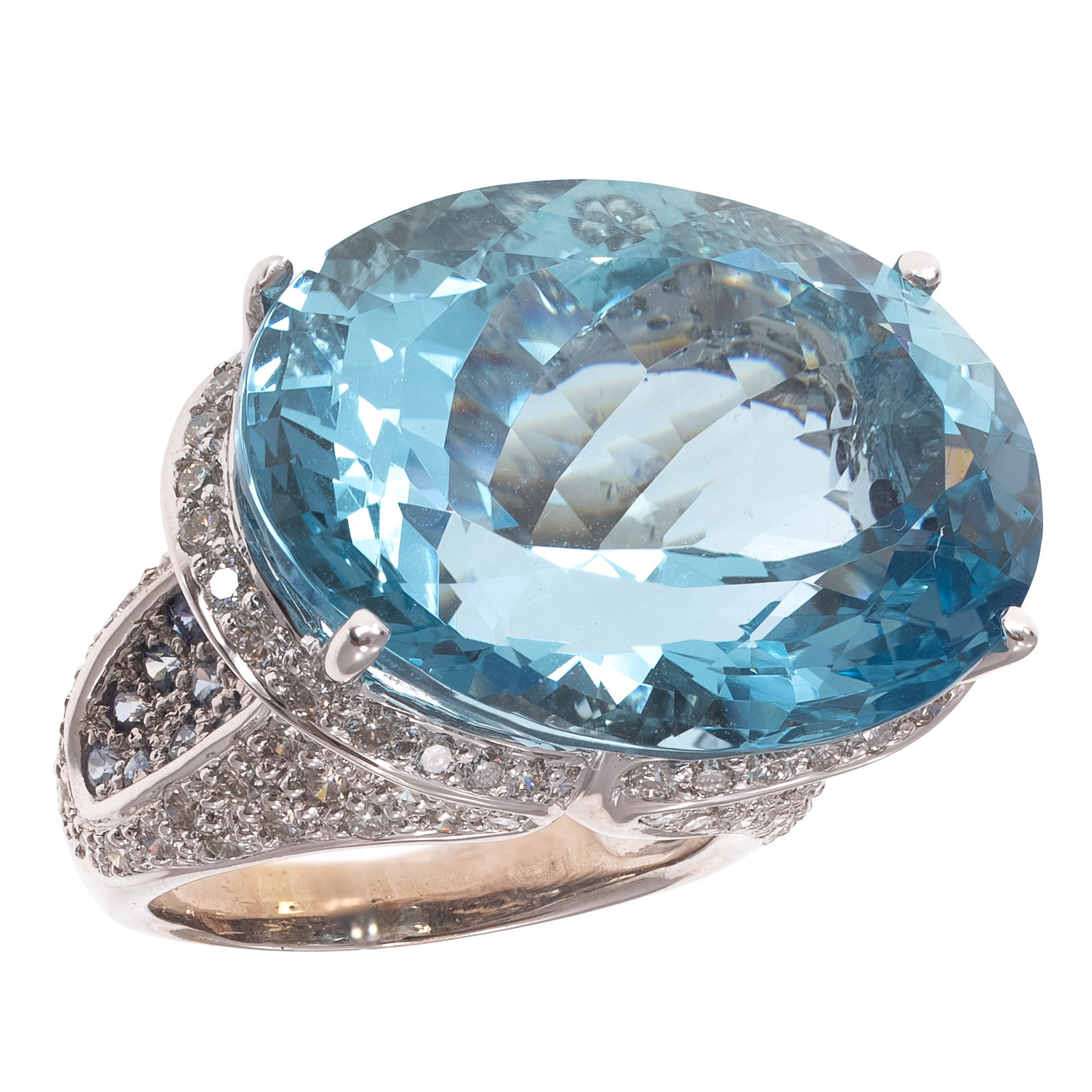 Aquamarine, Diamond, Sapphire, 18k White Gold Ring: Aquamarine, Diamond, Sapphire, 18k White Gold Ring Featuring one oval checkerboard-cut aquamarine measuring approximately 26.56 x 20.01 mm, accented by round brilliant-cut diamonds weighing a total