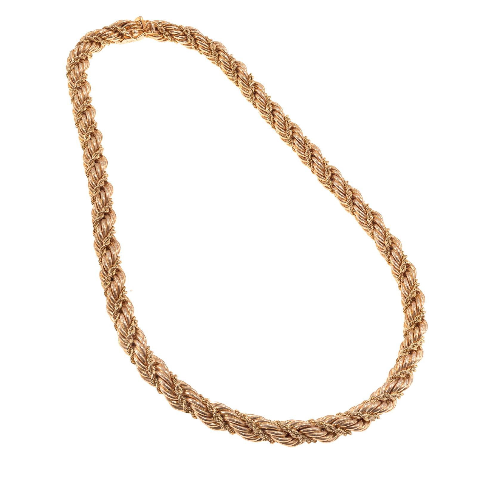 Tiffany & Co., 14k Yellow Gold Necklace: Tiffany & Co., 14k Yellow Gold Necklace The 14k yellow gold rope links measuring approximately 7.5 mm in width, completed by a hidden tongue-and-groove clasp with figure-eight safety, forming a 16