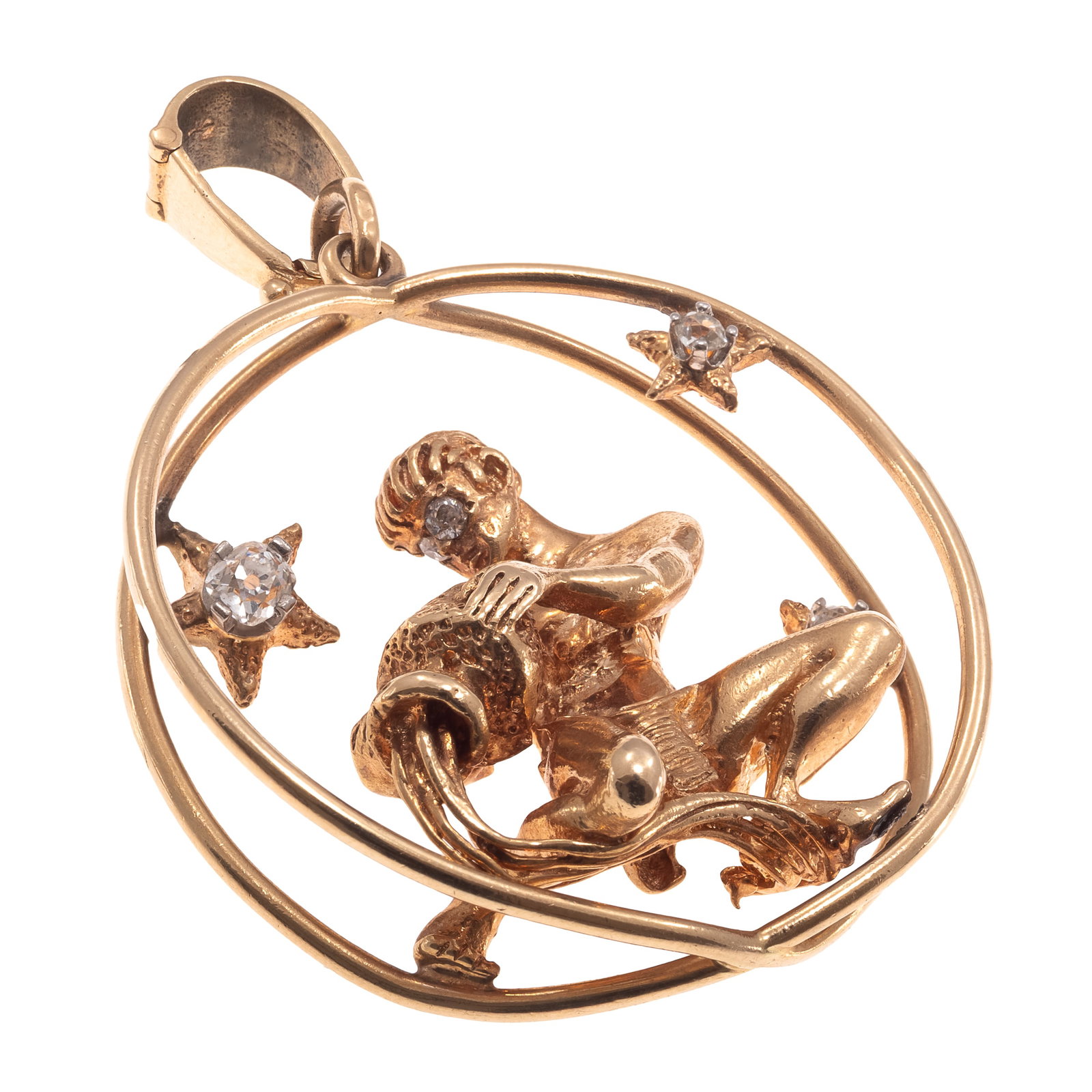 Diamond, 14k 'Aquarius' Pendant: Diamond, 14k 'Aquarius' Pendant Designed as a seated figure pouring water from a vessel, accented by five mine-cut and round-cut diamonds weighing a total of approximately 0.49 cttw., set in a round,