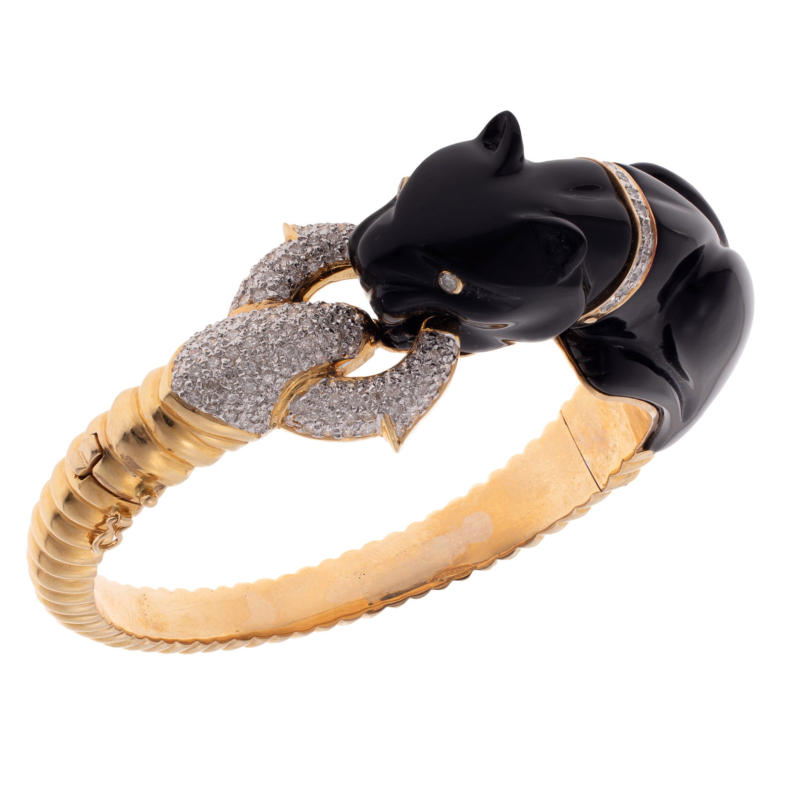 Diamond, Onyx, 18k Yellow Gold 'Panther' Bracelet: Diamond, Onyx, 18k Yellow Gold 'Panther' Bracelet Featuring a carved onyx panther highlighted by a diamond collar and eyes, holding a ring accented by numerous additional diamonds in it's mouth,