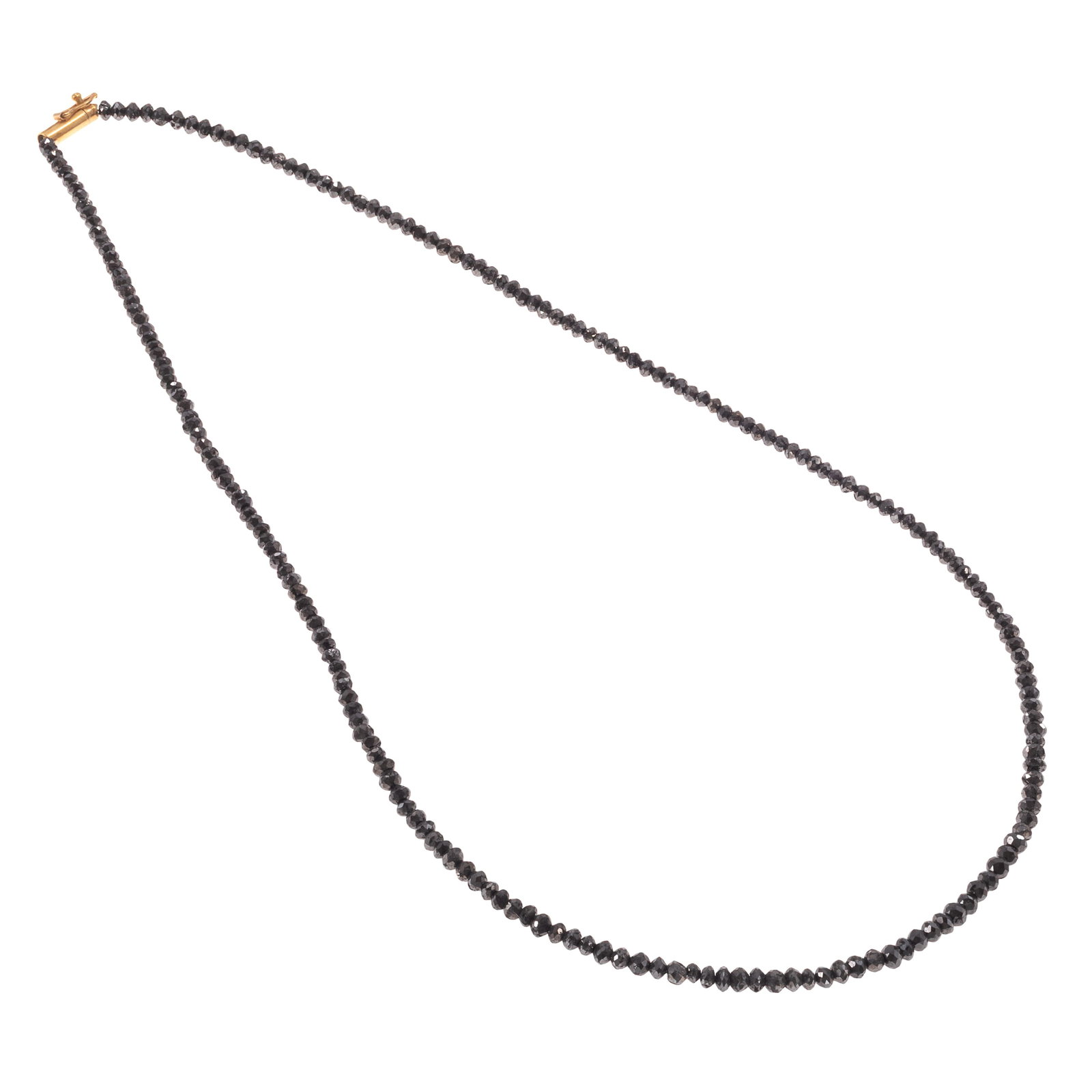Black Diamond, 18k Yellow Gold Necklace: Black Diamond, 18k Yellow Gold Necklace Composed of numerous faceted black diamond beads, each measuring from approximately 2.65 to 2.50 mm, completed by an 18k yellow gold tongue-and-groove clasp