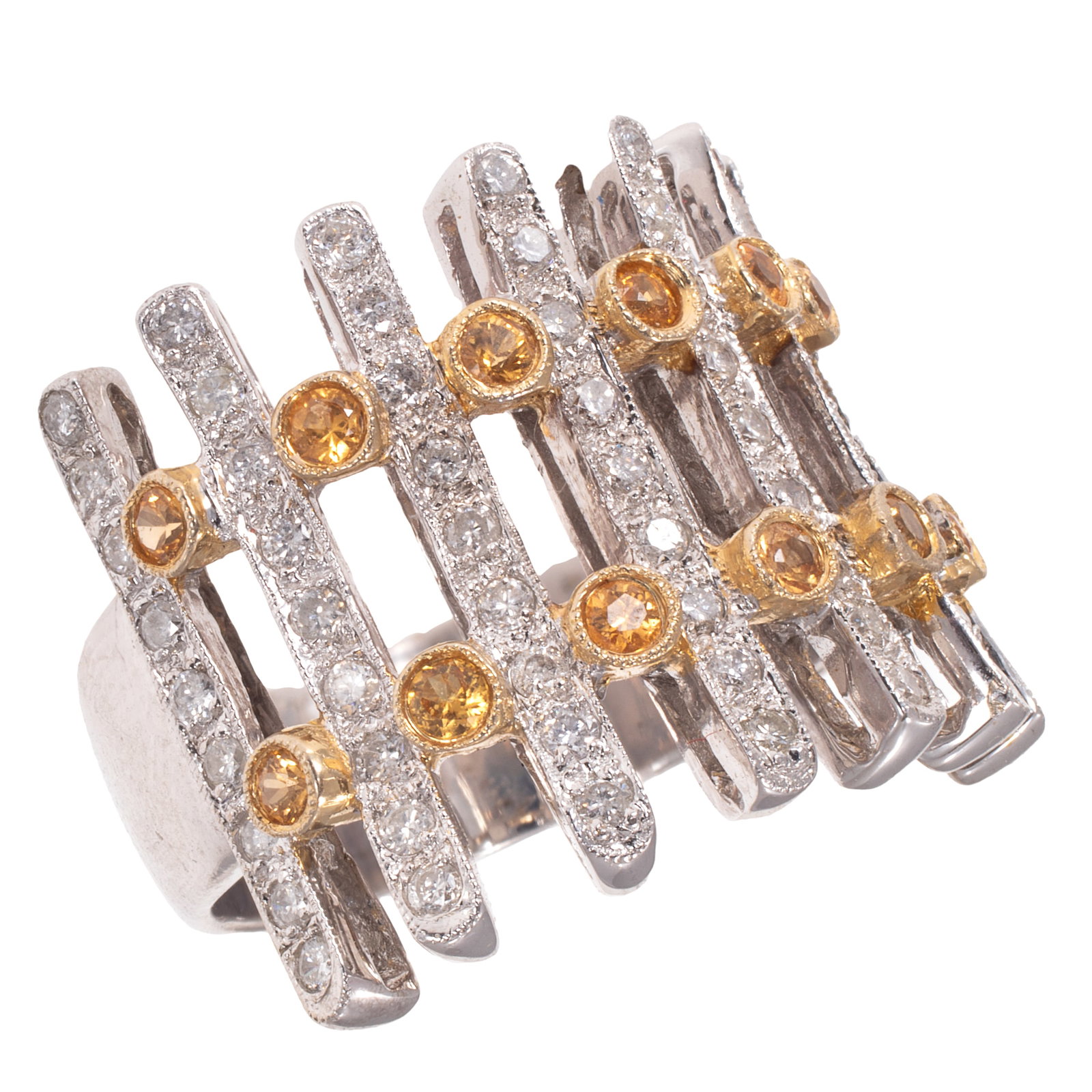 Diamond, Yellow Sapphire, 18k White and Yellow Gold Ring: Diamond, Yellow Sapphire, 18k White and Yellow Gold Ring Featuring sixty-three round brilliant-cut diamonds weighing a total of approximately 0.63 cttw., interspaced by twelve round-cut yellow