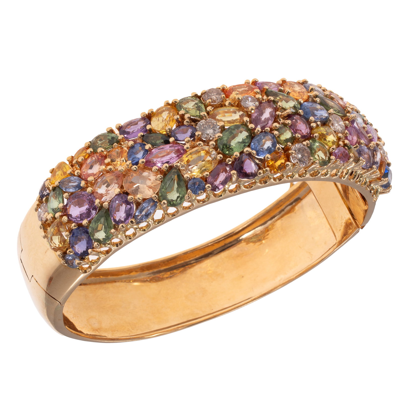 Diamond, Gem-Set, 18k Yellow Gold Bracelet: Diamond, Gem-Set, 18k Yellow Gold Bracelet Featuring pear, marquise, oval and round-cut gemstones including various colored sapphires and tanzanite, highlighted by one pear-cut and seven round
