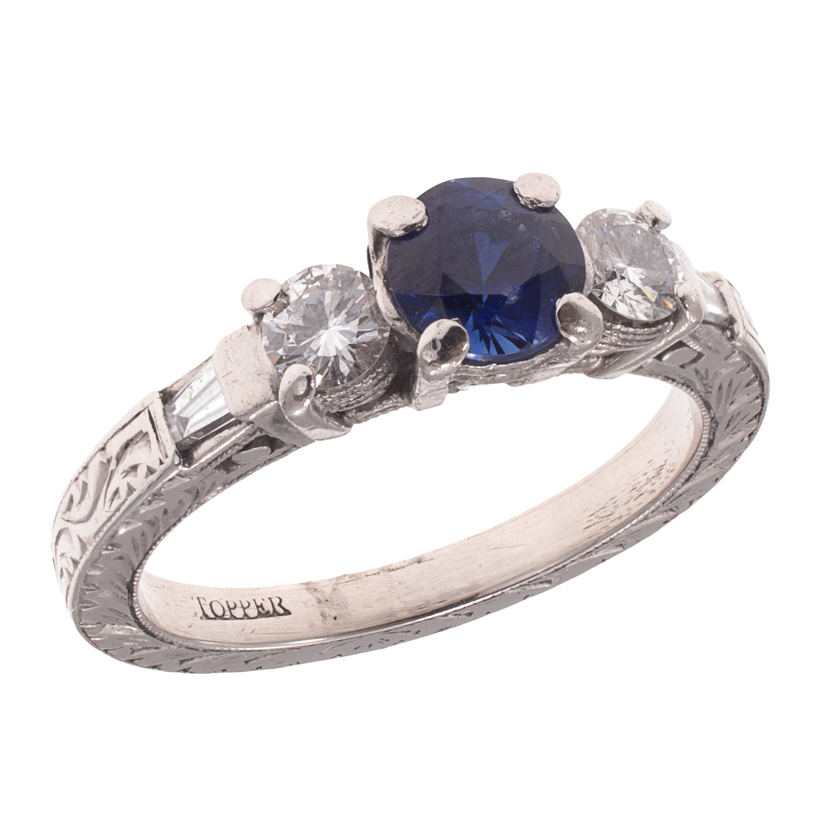 Sapphire, Diamond, Platinum Ring: Sapphire, Diamond, Platinum Ring Centering one round-cut sapphire weighing approximately 0.70 ct., accented by two round brilliant-cut and two tapered baguette-cut diamonds weighing a total of