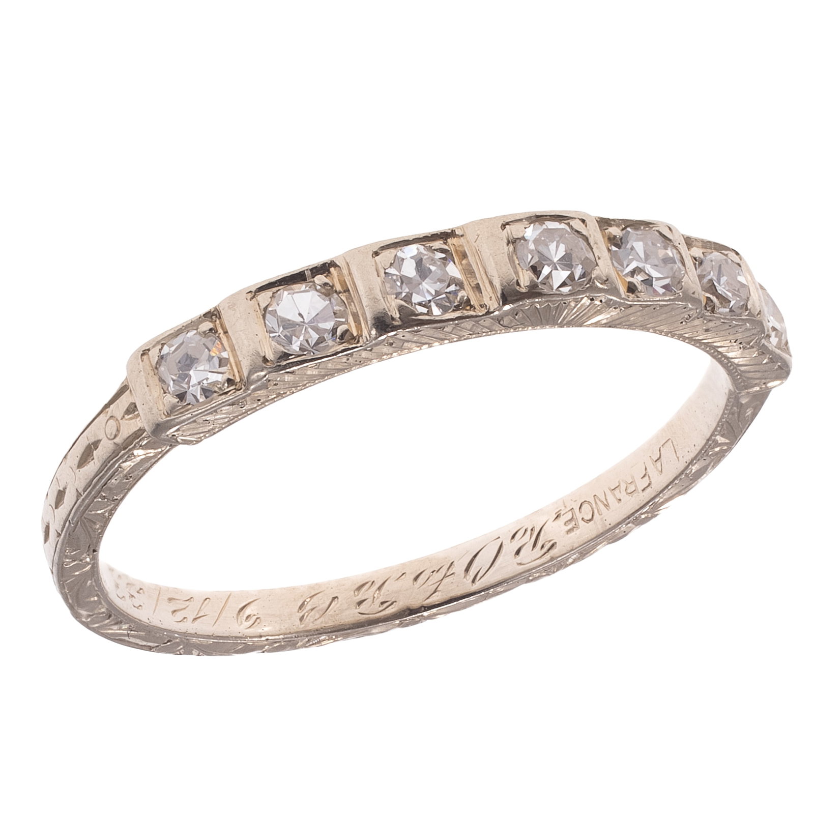 Vintage Diamond, 18k White Gold Ring, LaFrance: Vintage Diamond, 18k White Gold Ring, LaFrance Featuring seven single-cut diamonds weighing a total of approximately 0.18 cttw., set in an engraved, platinum ring mounting, size 5 1/2. Interior