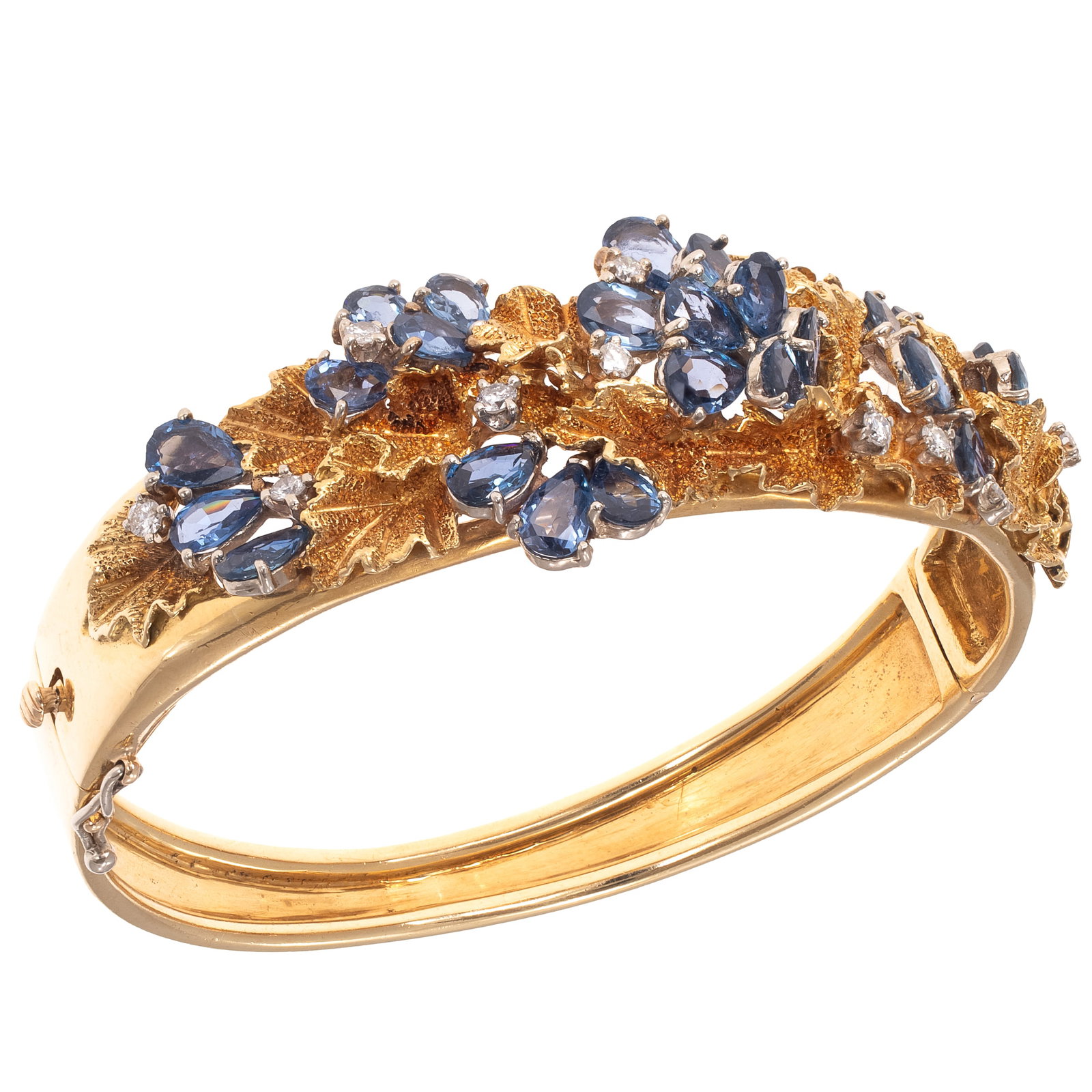 Sapphire, Diamond, 18k Yellow Gold Bracelet: Sapphire, Diamond, 18k Yellow Gold Bracelet Featuring twenty-four pear-shape sapphires measuring from approximately 6.0 x 4.0 mm to 4.0 x 3.0 mm, accented by ten round brilliant-cut diamonds weighing