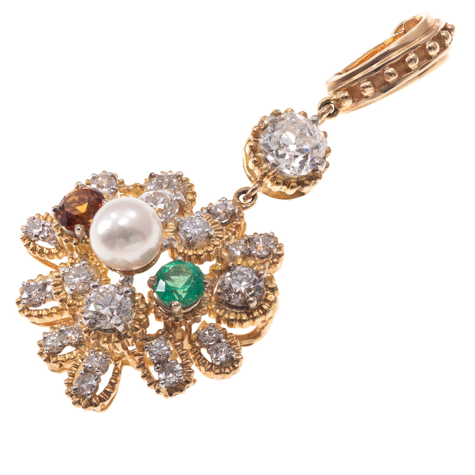 Diamond, Emerald, Zircon, Cultured Pearl, 14k Necklace: Diamond, Emerald, Zircon, Cultured Pearl, 14k Necklace Featuring twenty-four round brilliant-cut, single-cut, and transitional-cut diamonds weighing a total of approximately 1.40 cttw., topped by one 