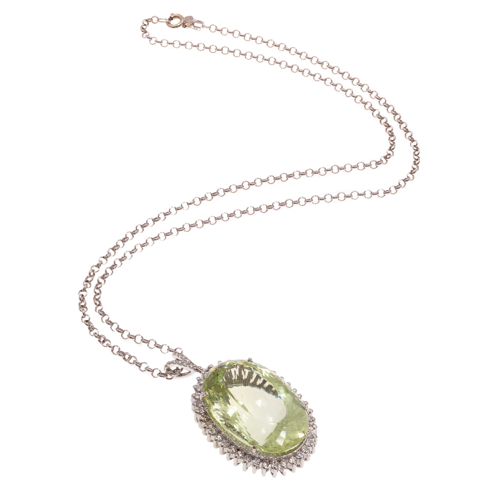 Beryl, Diamond, 18k White Gold Necklace: Beryl, Diamond, 18k White Gold Necklace Featuring an oval modified brilliant-cut greenish yellow beryl weighing approximately 38.10 cts., accented by fifty-two round brilliant-cut diamonds weighing a