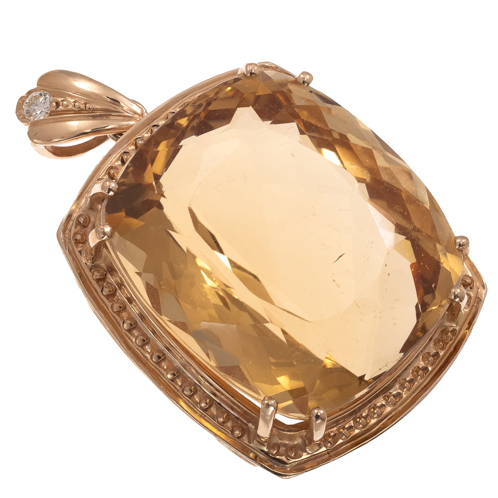 Heliodor (Golden Beryl), Diamond, 18k Yellow Gold Pendant: Heliodor (Golden Beryl), Diamond, 18k Yellow Gold Pendant Featuring one cushion-shape heliodor weighing approximately 50.46 cts., accented by one round brilliant-cut diamond weighing approximately