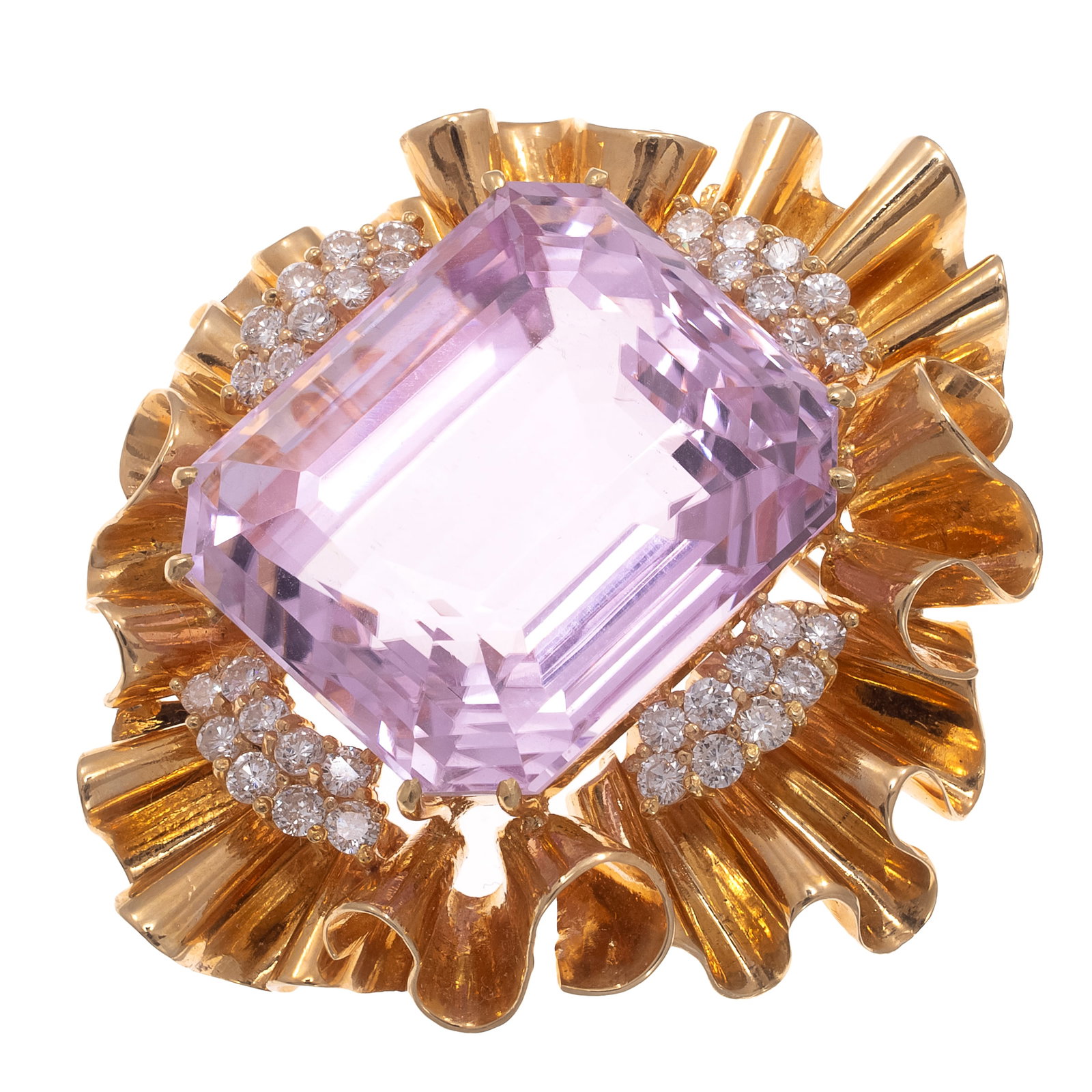 Kunzite, Diamond, 18k Yellow Gold Pin Pendant: Kunzite, Diamond, 18k Yellow Gold Pin Pendant Centering an emerald-cut kunzite weighing approximately 62.00 cts., accented by thirty-six round brilliant-cut diamonds weighing a total of approximately 