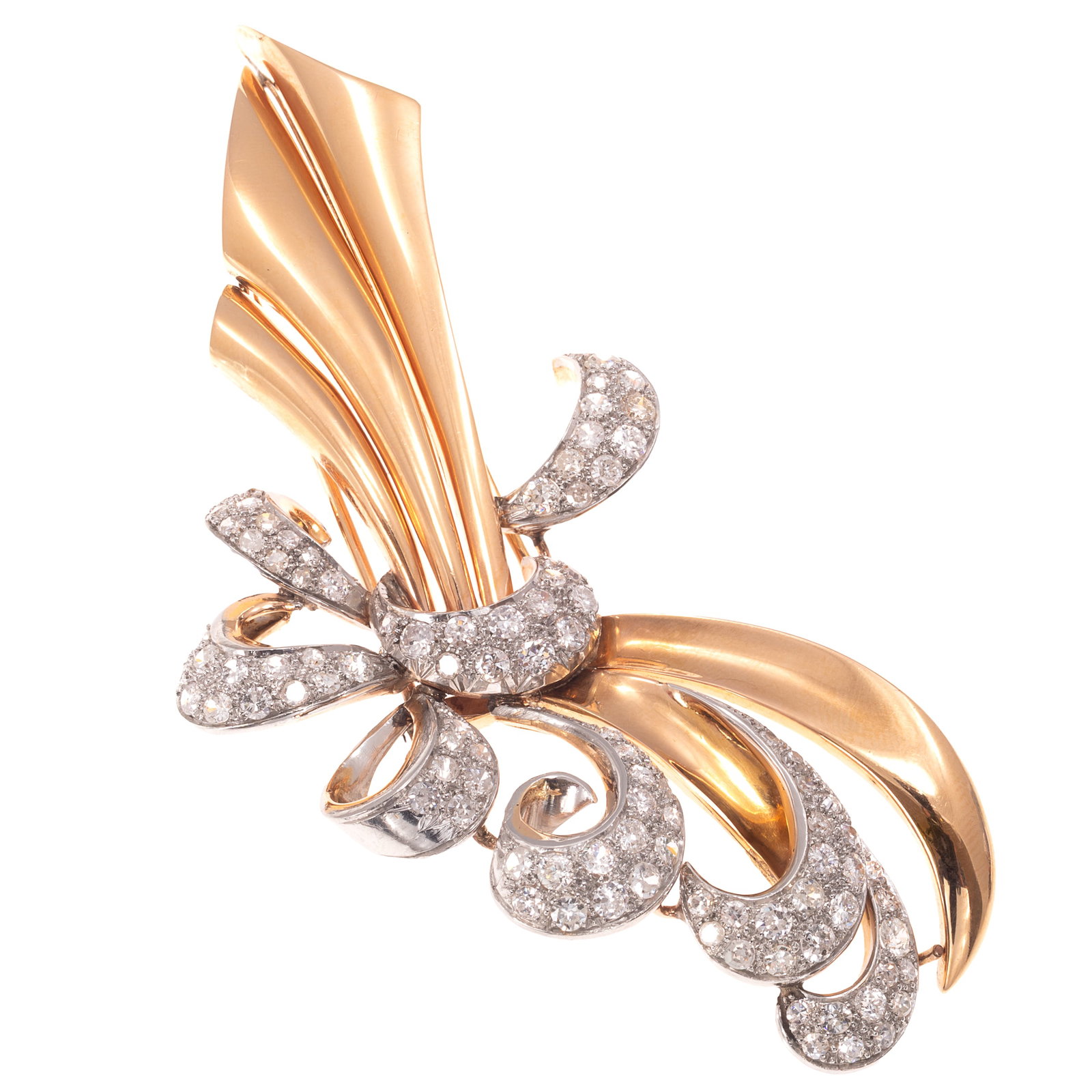 Retro Diamond, 14k Yellow and White Gold Fur Clip: Retro Diamond, 14k Yellow and White Gold Fur Clip Featuring one hundred-five round brilliant and single-cut diamonds weighing a total of approximately 5.95 cttw., set in a scrolling, 14k yellow and wh