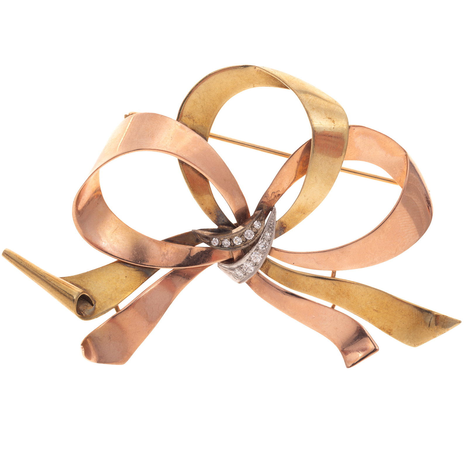 Retro Diamond, 14k Rose and Yellow Gold Bow Brooch (1 of 4)