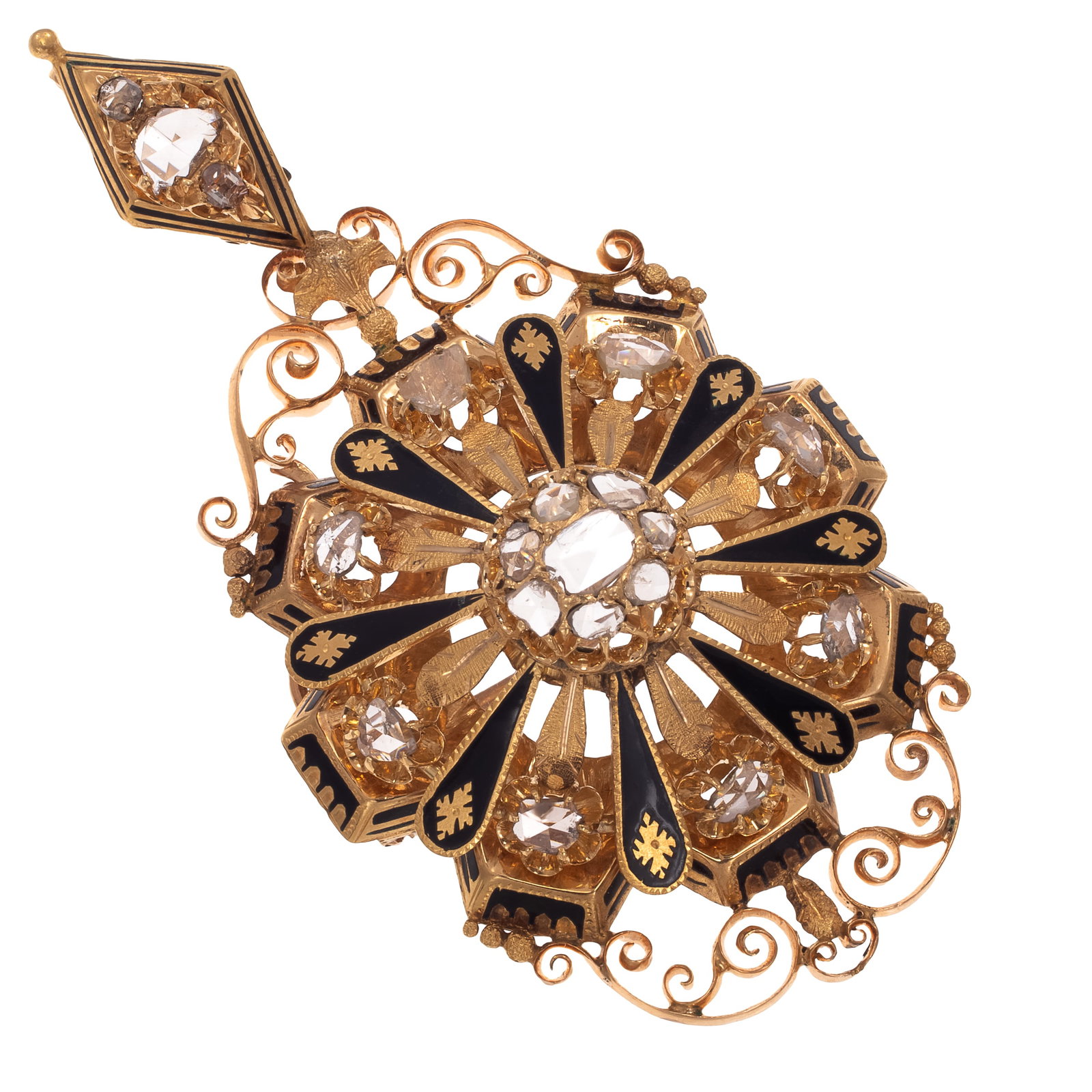 Victorian Diamond, Enamel, 18k Yellow Gold Pin Pendant: Victorian Diamond, Enamel, 18k Yellow Gold Pin Pendant Featuring a central cluster of rose-cut diamonds to radiating, rose-cut diamonds measuring from approximately 4.95 x 3.70 mm to 2.65 x 2.14 mm, s