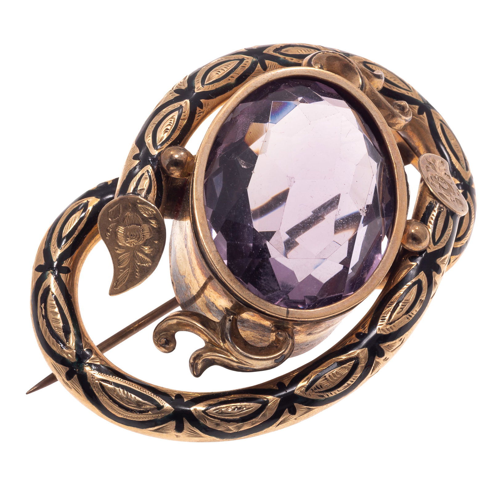 Victorian Amethyst, Enamel, 10k Brooch: Victorian Amethyst, Enamel, 10k Brooch Centering one oval-cut amethyst weighing approximately 31.10 cts., highlighted by foliate engraving and black enamel, set in a sinuous, tested-to 10k yellow gold
