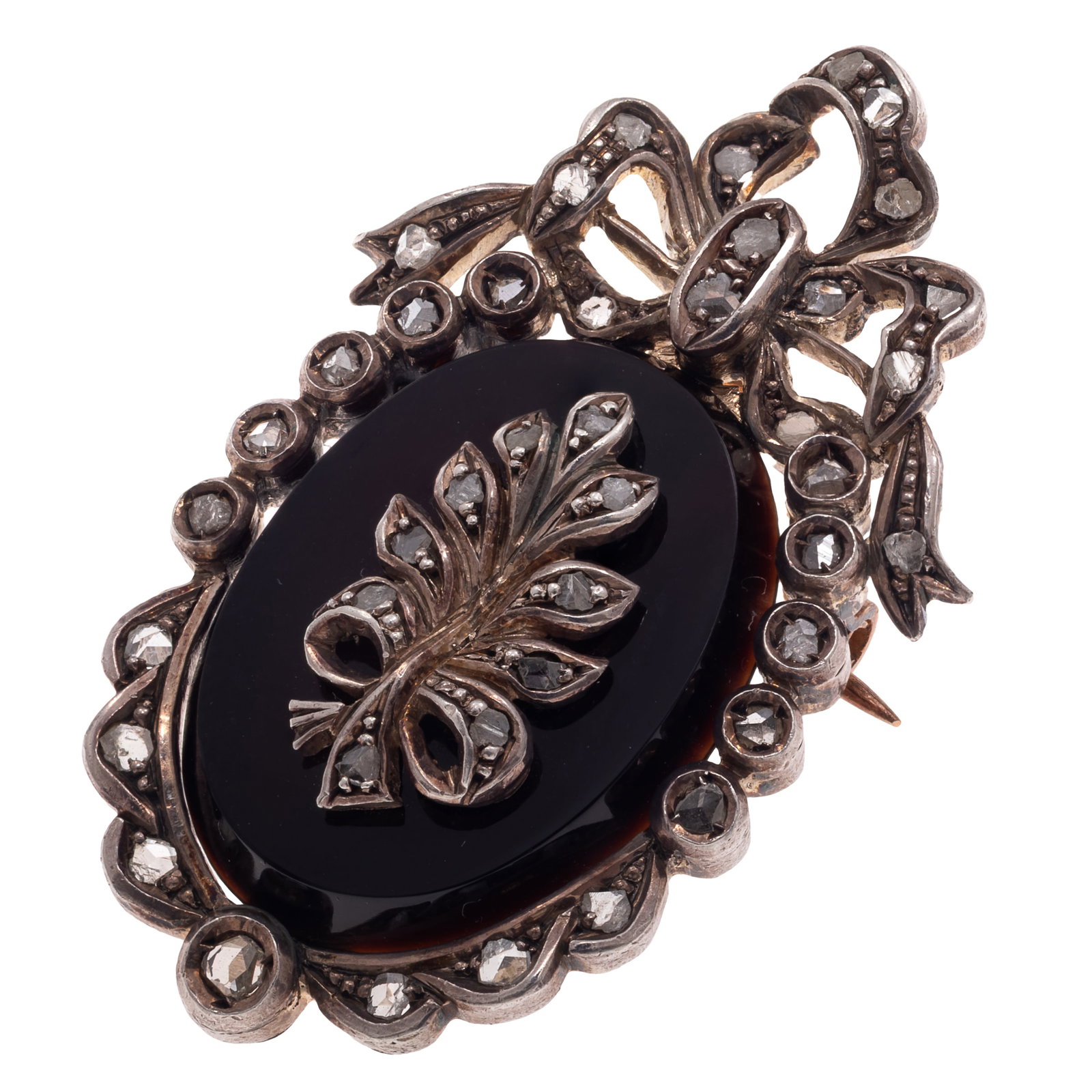 Edwardian Diamond, Onyx, 14k, Silver Pin Pendant: Edwardian Diamond, Onyx, 14k, Silver Pin Pendant Featuring an oval onyx plaque centering a rose-cut diamond, silver spray, set in a bow motif, rose-cut diamond, silver-topped, 14k yellow gold pin