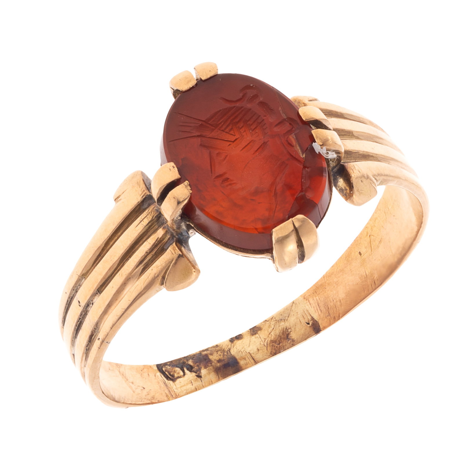 Antique Carnelian Intaglio, 18k Rose Gold Ring: Antique Carnelian Intaglio, 18k Rose Gold Ring Featuring an oval carnelian agate intaglio depicting a figure in profile, set in an 18k rose gold ring mounting, size 10 1/2. Gross weight: 3.9 grams.