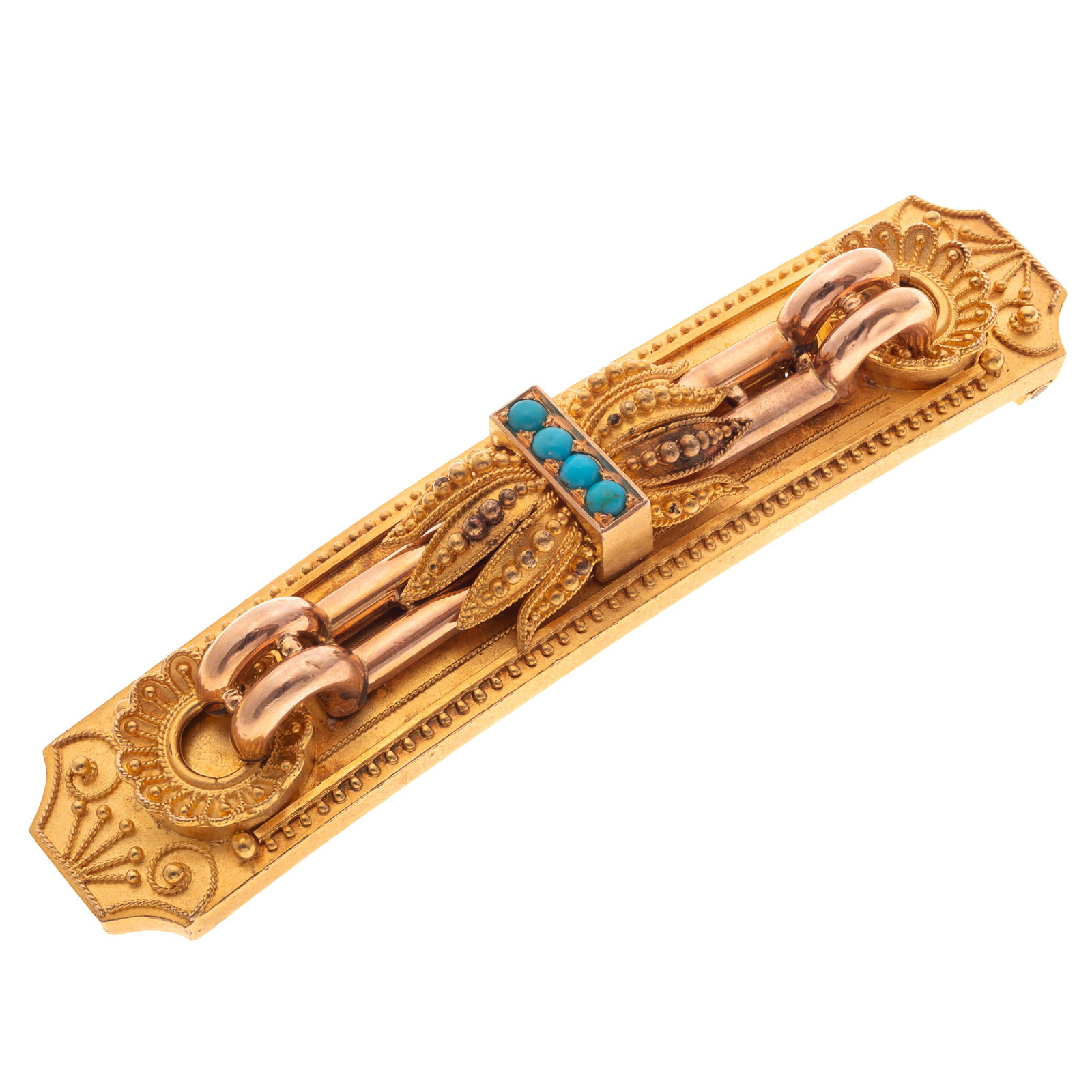 Etruscan Revival Turquoise, 14k Yellow and Rose Gold Bar Pin: Etruscan Revival Turquoise, 14k Yellow and Rose Gold Bar Pin Centering four round turquoise cabochons, framed by rose gold with granulation and ropework highlights, set in a tested to 14k yellow gold 