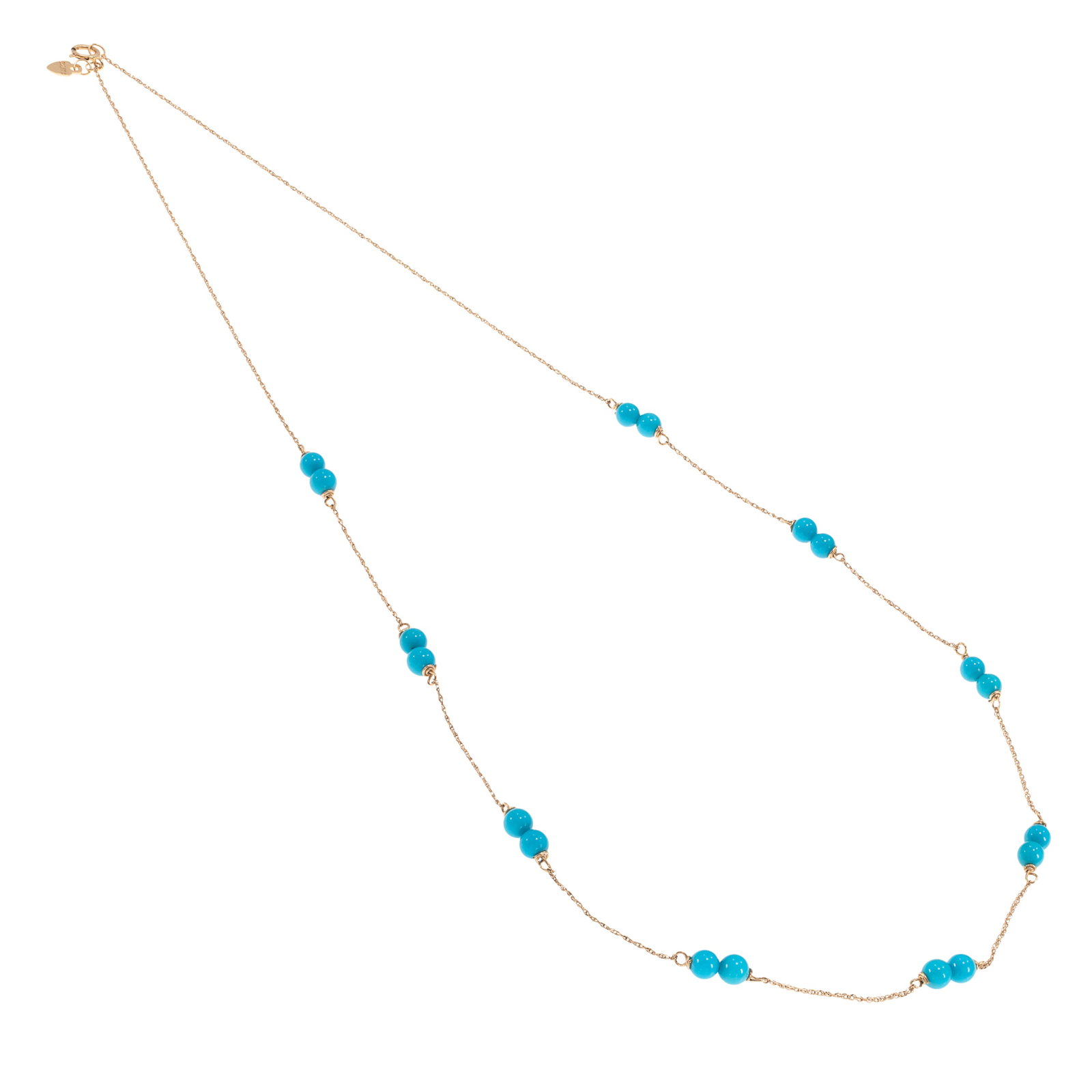 Turquoise, 14k Yellow Gold Necklace: Turquoise, 14k Yellow Gold Necklace Featuring eighteen round turquoise beads, each measuring approximately 4.0 mm, set on a 14k yellow gold diamond-cut cable link chain forming a 19 1/2 inch