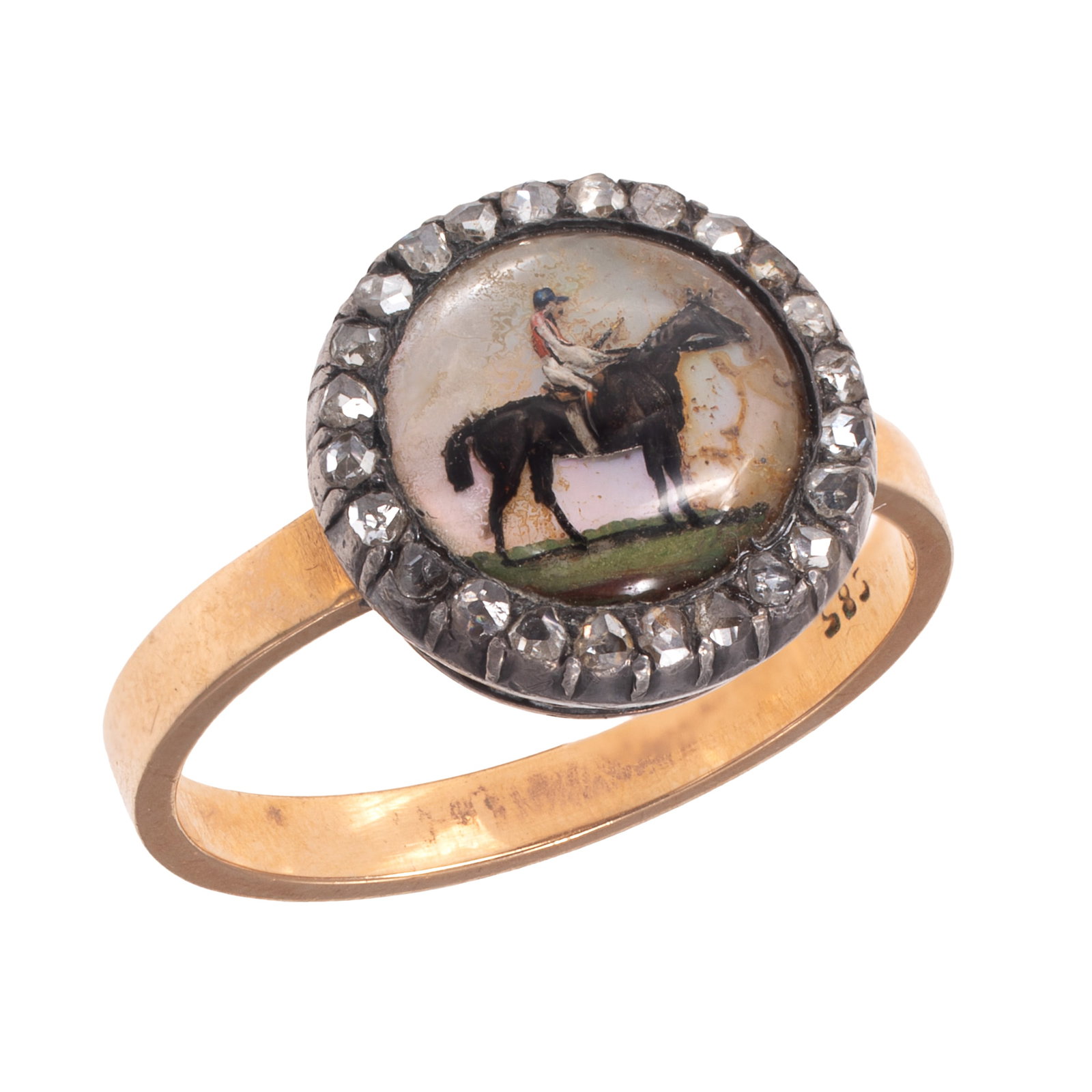 Reverse Crystal, Diamond, 14k, Silver Ring: Reverse Crystal, Diamond, 14k, Silver Ring Centering a circular reverse crystal depicting a horse and rider, framed by twenty-four rose-cut diamonds, set in a silver-topped, 14k yellow gold ring