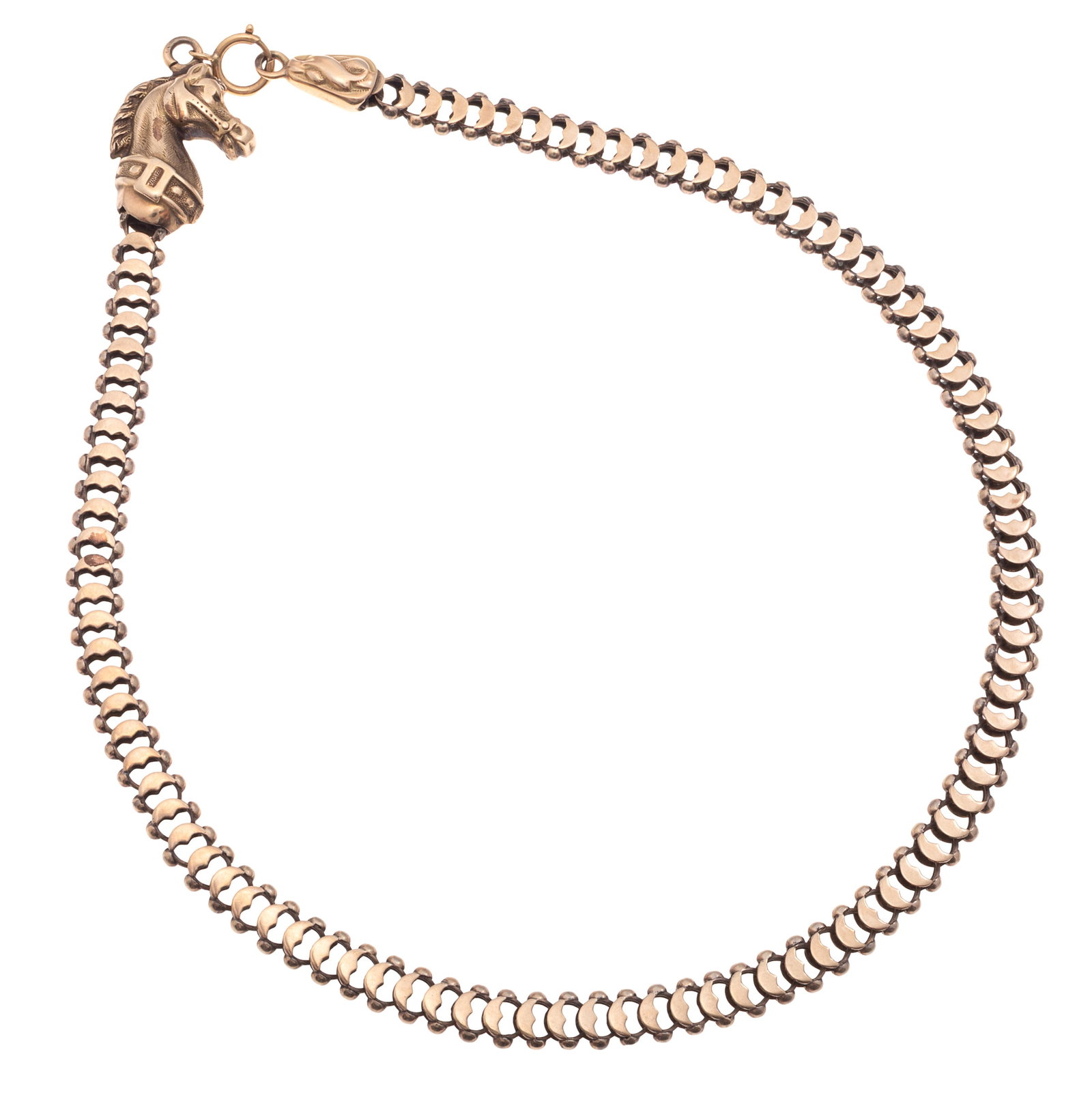 Antique 10k Rose Gold Necklace: Antique 10k Rose Gold Necklace Designed as a textured horse head joined to fancy link chain and completed by a repousse end cap, forming a tested-to 10k rose gold necklace. Early 20th century. Gross