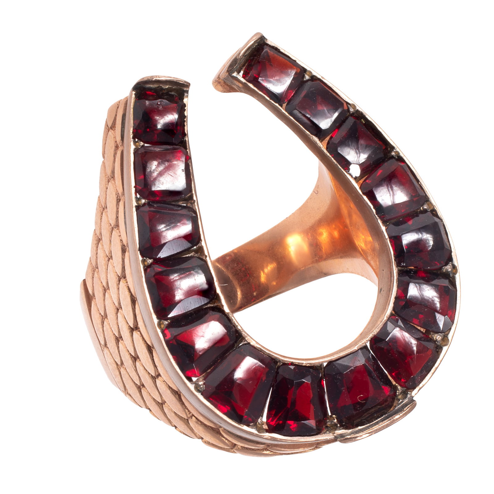 Garnet, 14k Rose Gold Horseshoe Ring: Garnet, 14k Rose Gold Horseshoe Ring Designed as a horseshoe accented by fifteen faceted, buff-top garnets, set in a textured, 14k rose gold ring mounting, size 8. Gross weight: 13.4 grams.
