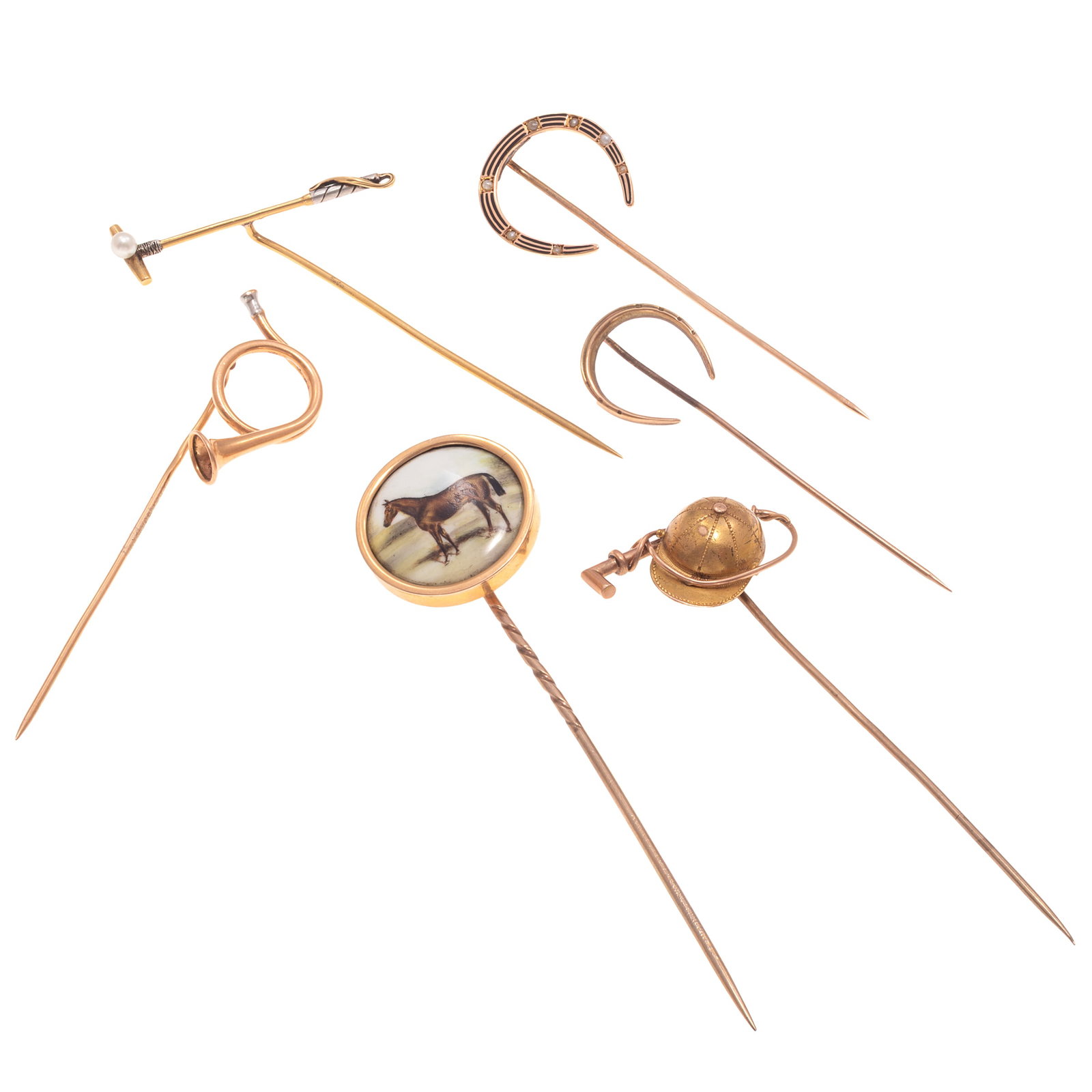 Group of Six Gold Equestrian-Themed Stick Pins: Group of Six Gold Equestrian-Themed Stick Pins Including one 10k rose gold horseshoe; one enamel, seed pearl, 10k rose gold horseshoe; one round porcelain hand painted horse, signed and dated 1896 to