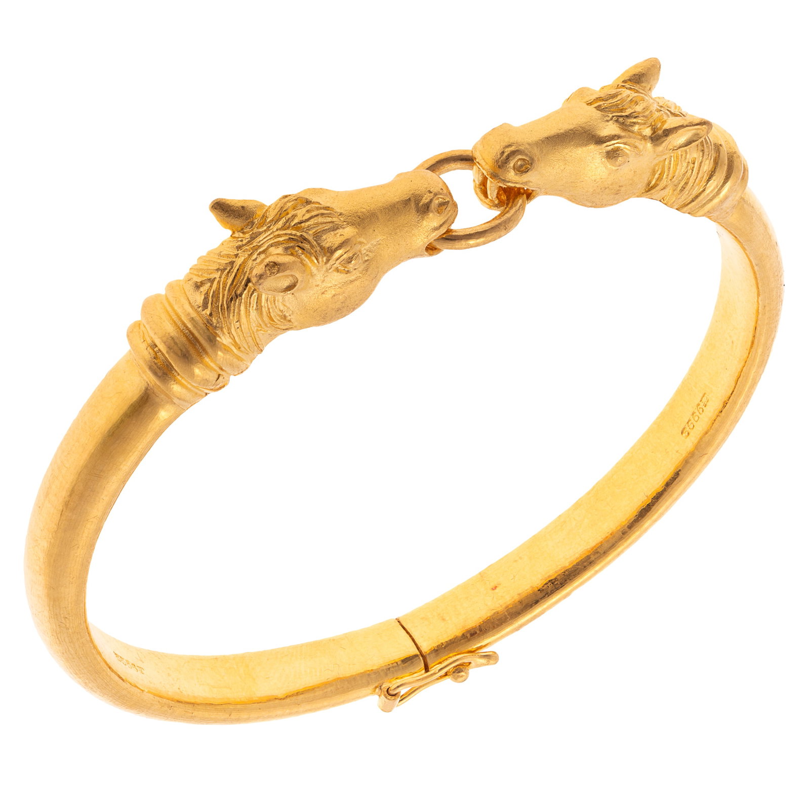 24k Yellow Gold Double Horse Head Bracelet: 24k Yellow Gold Double Horse Head Bracelet Designed as two horse heads joined to a ring, set in a 24k yellow gold hinged bracelet mounting measuring approximately 6.7 mm in width, completed by a