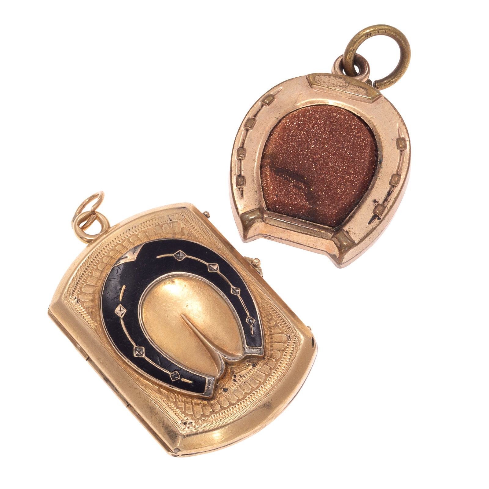 Collection of Two Equestrian-Theme Fobs: Collection of Two Equestrian-Theme Fobs Including one fob designed as a horseshoe accented by tiger's eye and goldstone glass, set in a gold-filled mounting; together with one rectangular fob, each