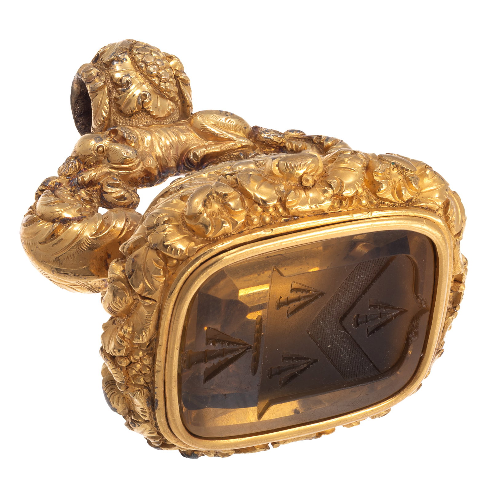 Georgian Citrine Seal, Silver Gilt Fob: Georgian Citrine Seal, Silver Gilt Fob Featuring a cushion-shape citrine seal carved to depict a crest, set in repousse, silver gilt fob measuring approximately 1.90 x 1.45 inches. Gross weight: 53.4