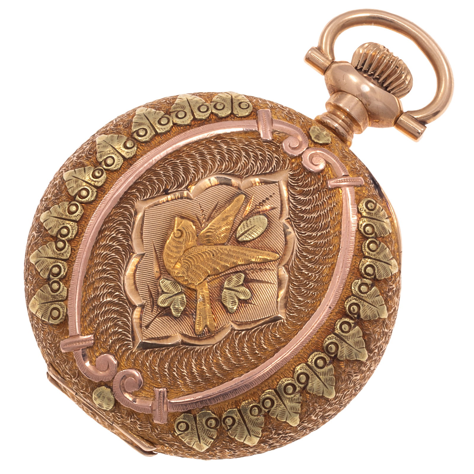 Elgin 14k Tri-Color Hunting Case Pocket Watch: Elgin 14k Tri-Color Hunting Case Pocket Watch DIAL: Round, white, pink and gilt, black Arabic numeral hour markers, black outer minutes track, gilt Louis IVX hands, subsidiary dial at 6 o'clock, Elgin