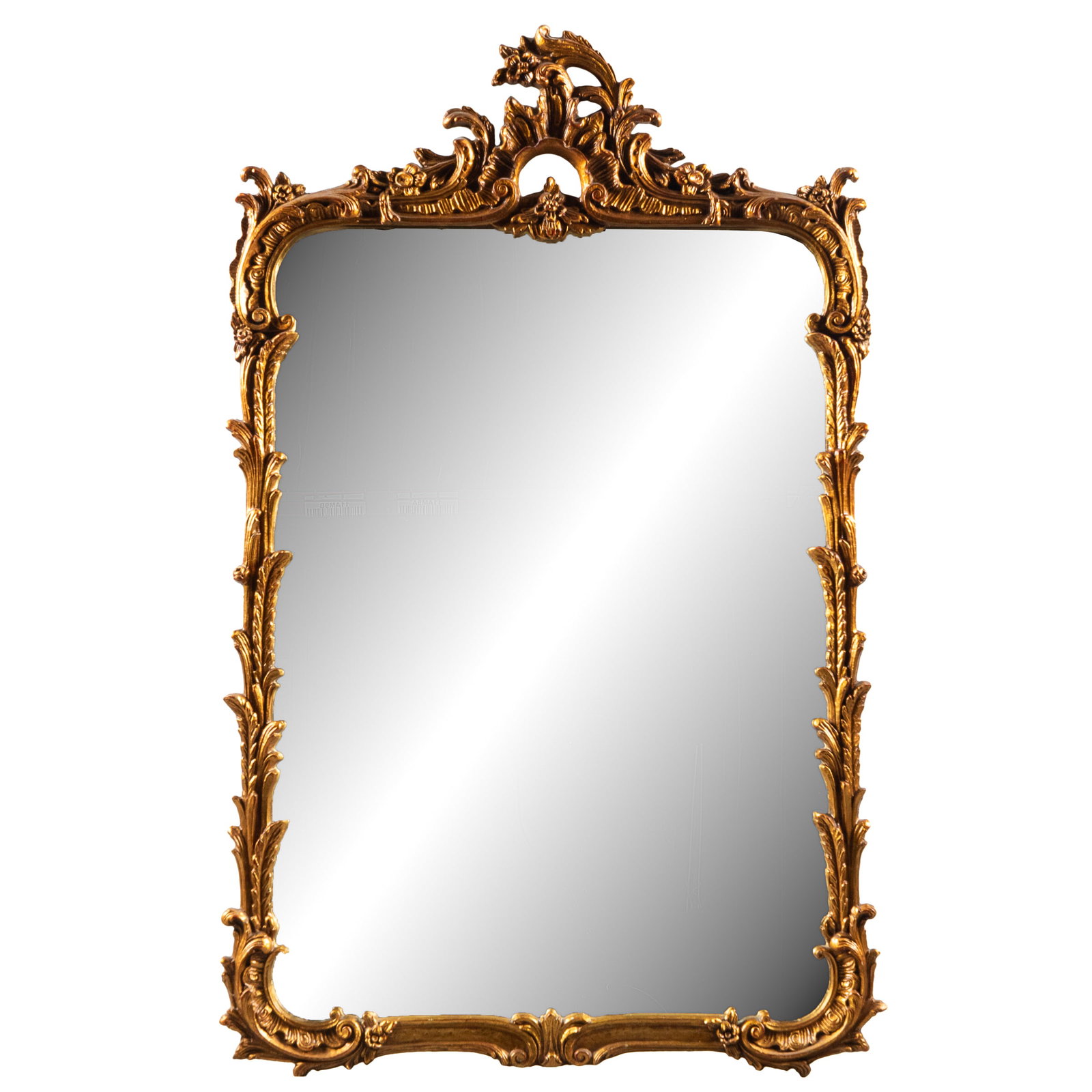 Italian Rococo Style Mirror: Italian Rococo Style Mirror The rectangular plate surmounted by a scrolled acanthus and floral crest continuing at each side to gilt acanthus and palmettes. 44in (112cm) h. 29in (75cm) w