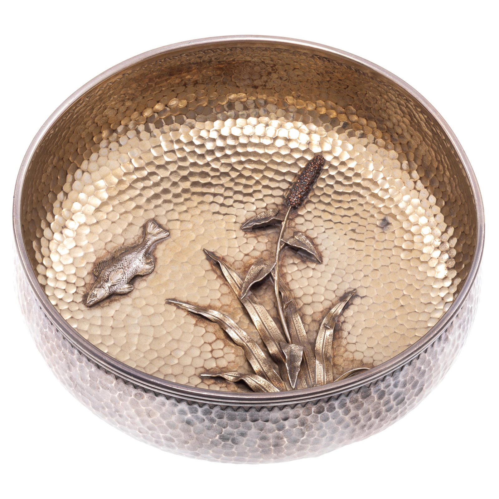 Gorham Sterling Bowl: Gorham Sterling Bowl The Japonisme style hand hammered bowl applied with parcel gilt water reeds and fish, inscribed on base 'June 1880 wedding of Saah Sampson.' 2in (5cm) h. 5in (12cm) d. 170.6 grams