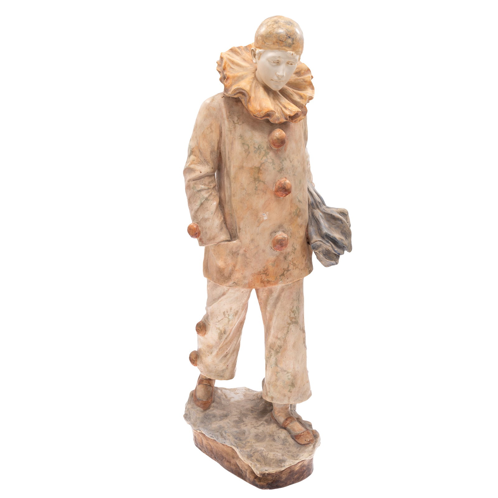 Figure of Pierrot, Goldscheider: Figure of Pierrot Goldscheider Cream and polychrome decorated ceramic figure of Pierrot. Inscribed on figure B. Haniroff. 30in (76cm) h Makers mark Goldscheider 3036 Impressed Fabrique Autriche