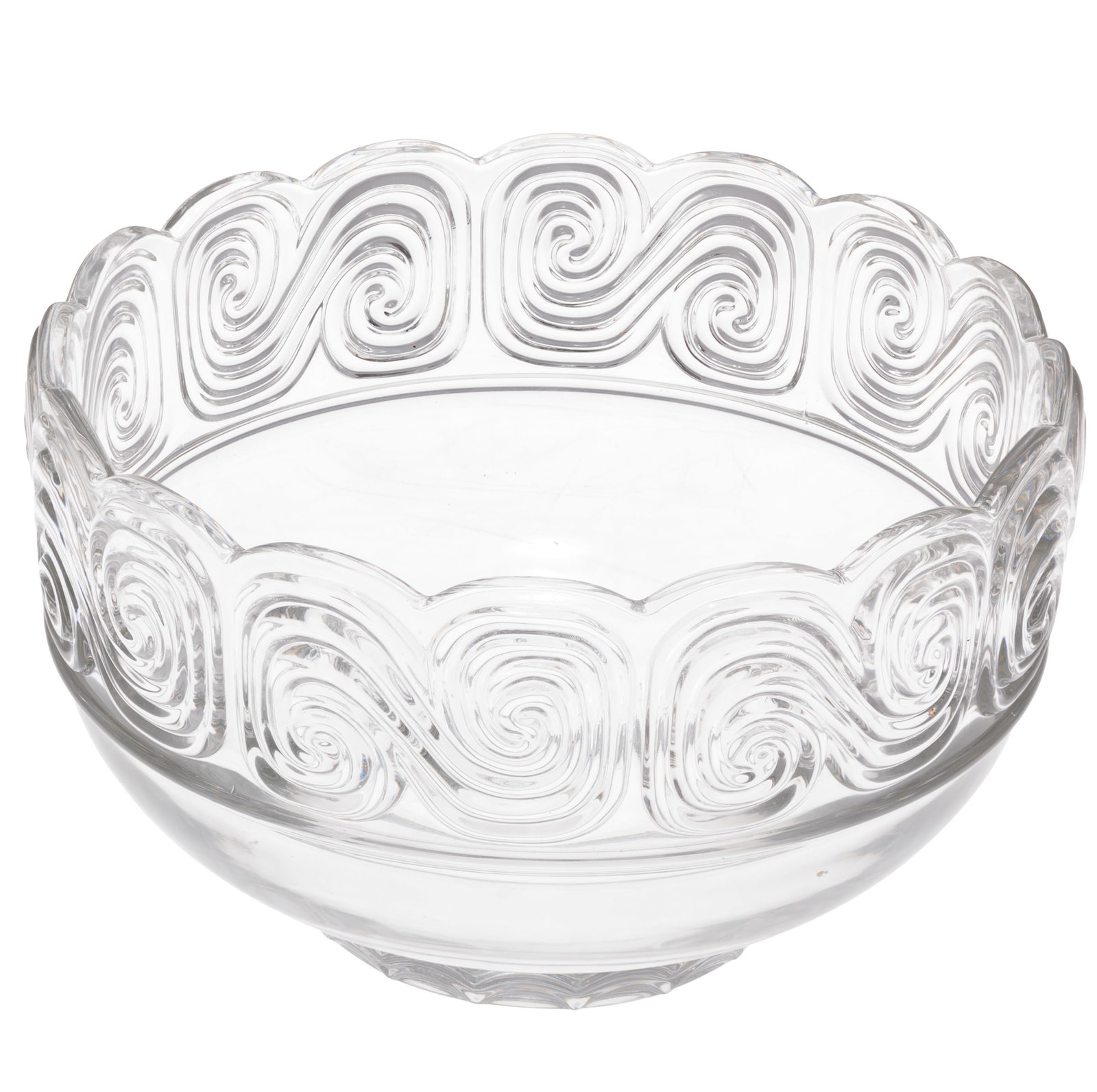 Tiffany Art Deco Glass Bowl: Tiffany Art Deco Glass Bowl The clear glass bowl with a rim of continuous figure eight scrolls ending in a wave banded foot 5in (13cm) h. 8in (20cm) d. Etched: on base: Louis Comfort Tiffany