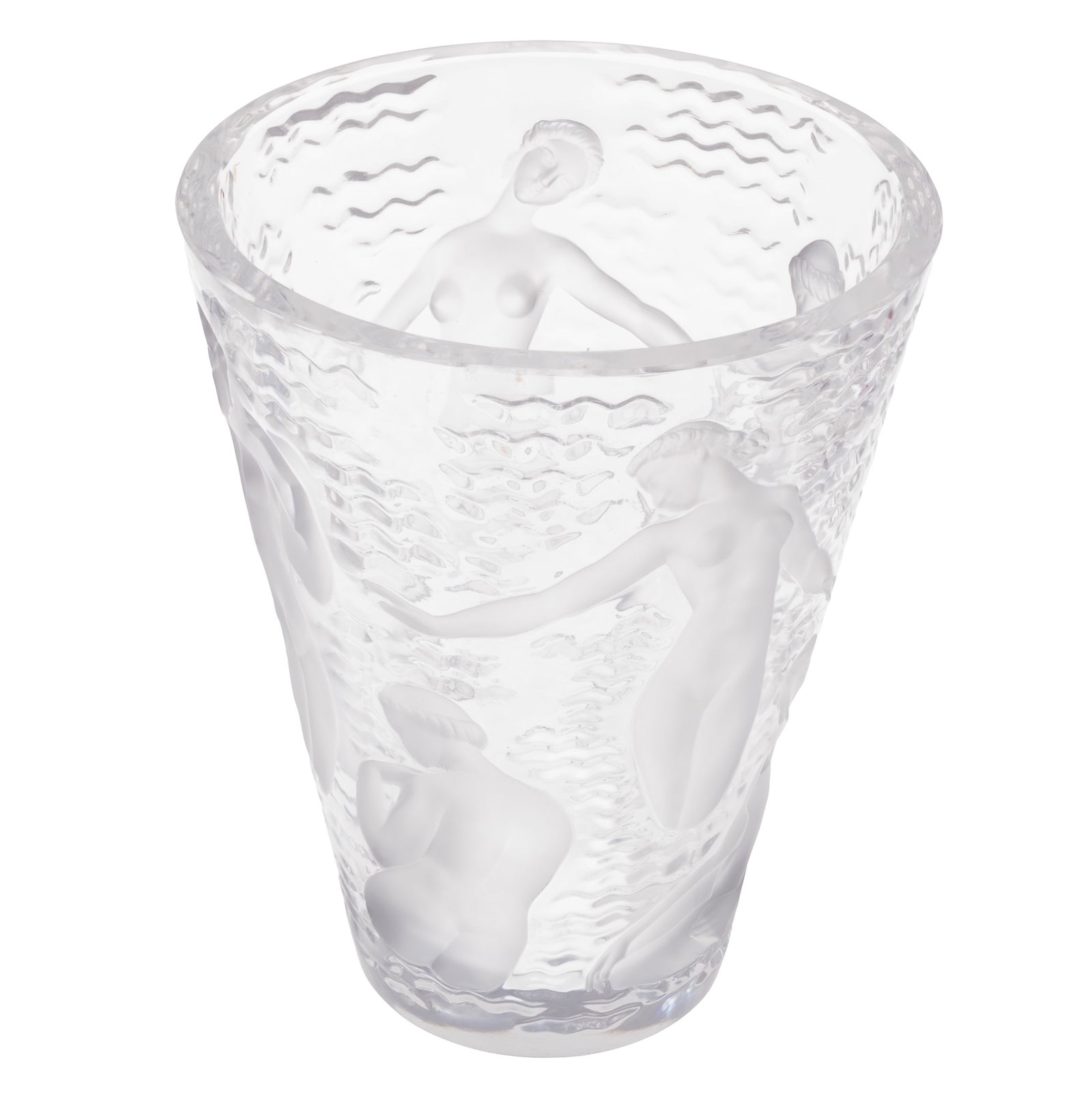 Lalique Ondines Vase: Lalique Ondines Vase The graceful but soulless water spirits depicted floating in rivulets of clear and frosted glass. 9 1/2in (24cm) h. 7 12in *18cm) d. Condition: Chip to glass on one figure, minor 