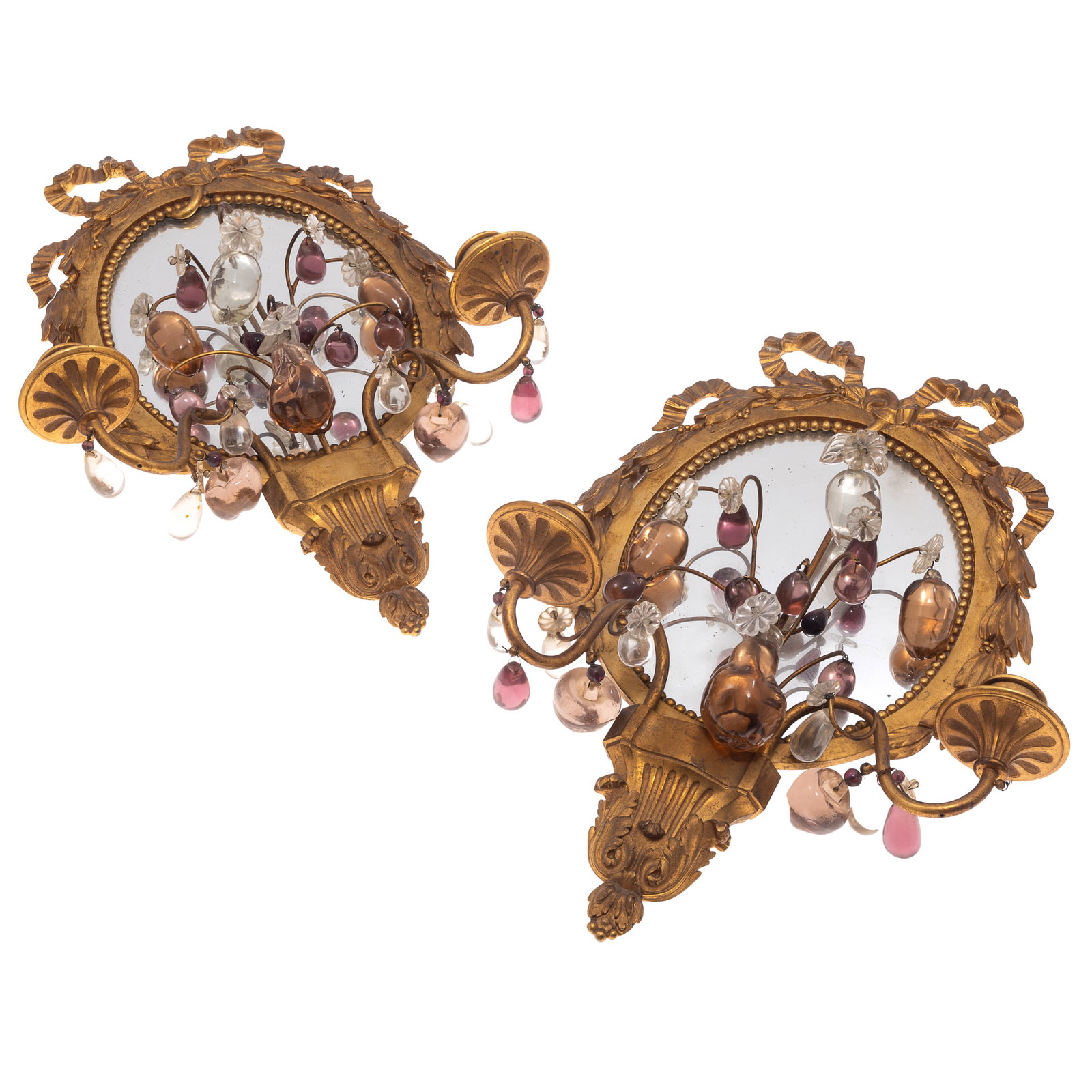 Louis XVI Style Sconces: Louis XVI Style Sconces Wit a gilt bow finial issuing laurel swags above an oval mirror and two scrolled candle arms issuing colored glass beads of flowers and fruits. 18in (46cm. h. 12in(30cm) w.